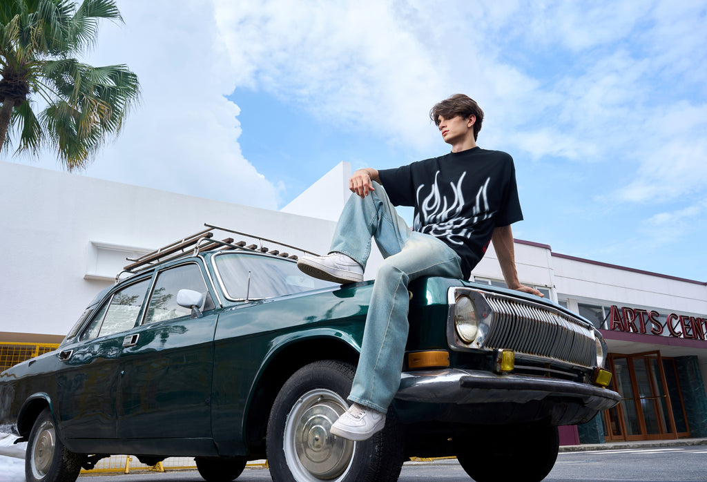 Men's Loose Fit Black Flame Graphic T-Shirt