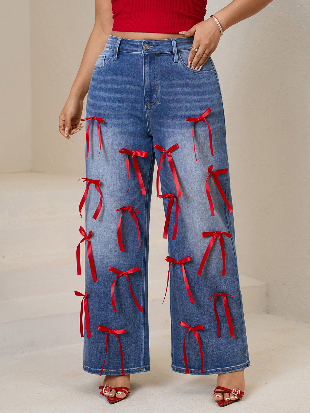 Women Plus High-Waisted Wide-Leg Denim Pants with Red Ribbon Detailing