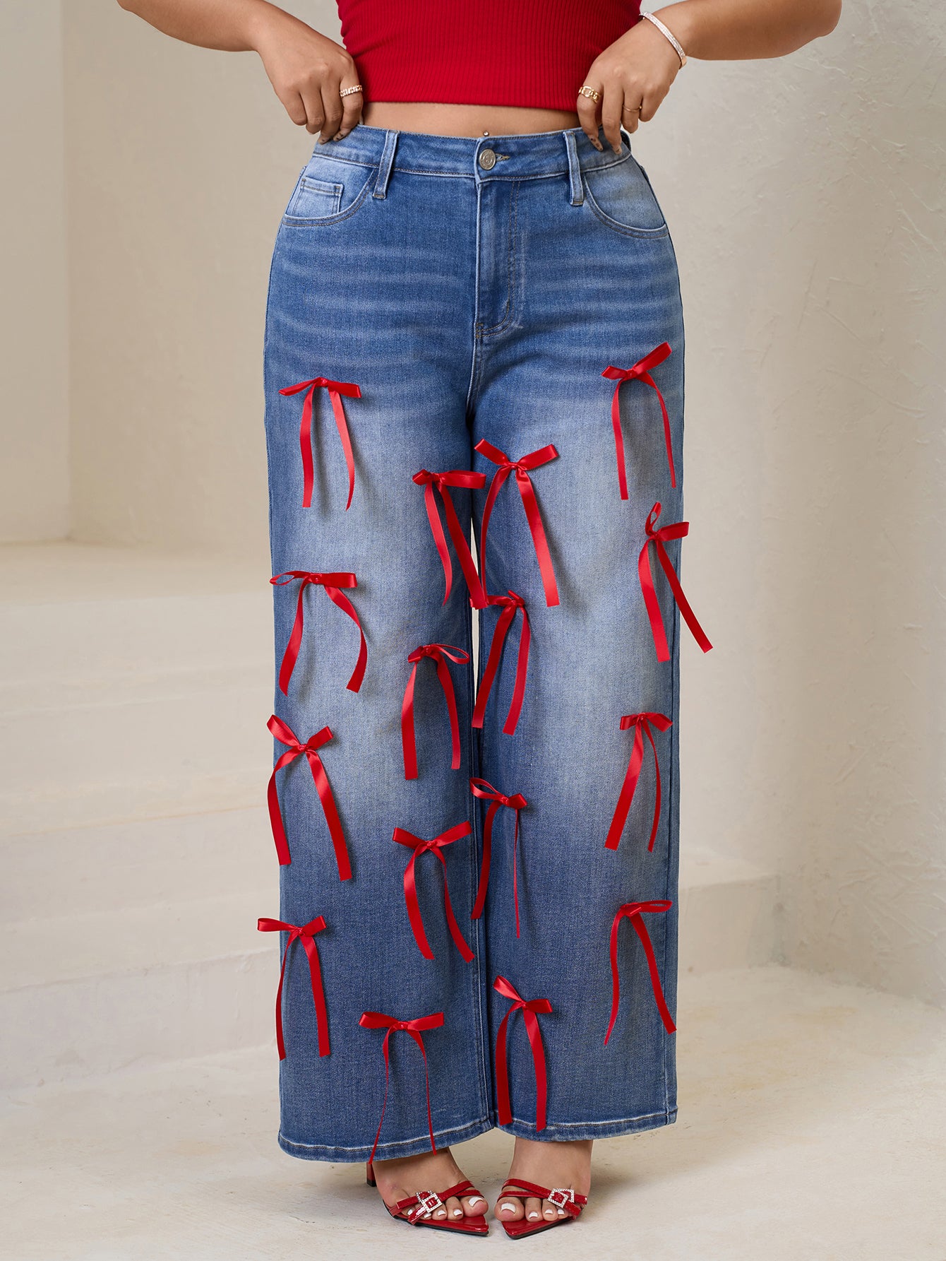 Women Plus High-Waisted Wide-Leg Denim Pants with Red Ribbon Detailing