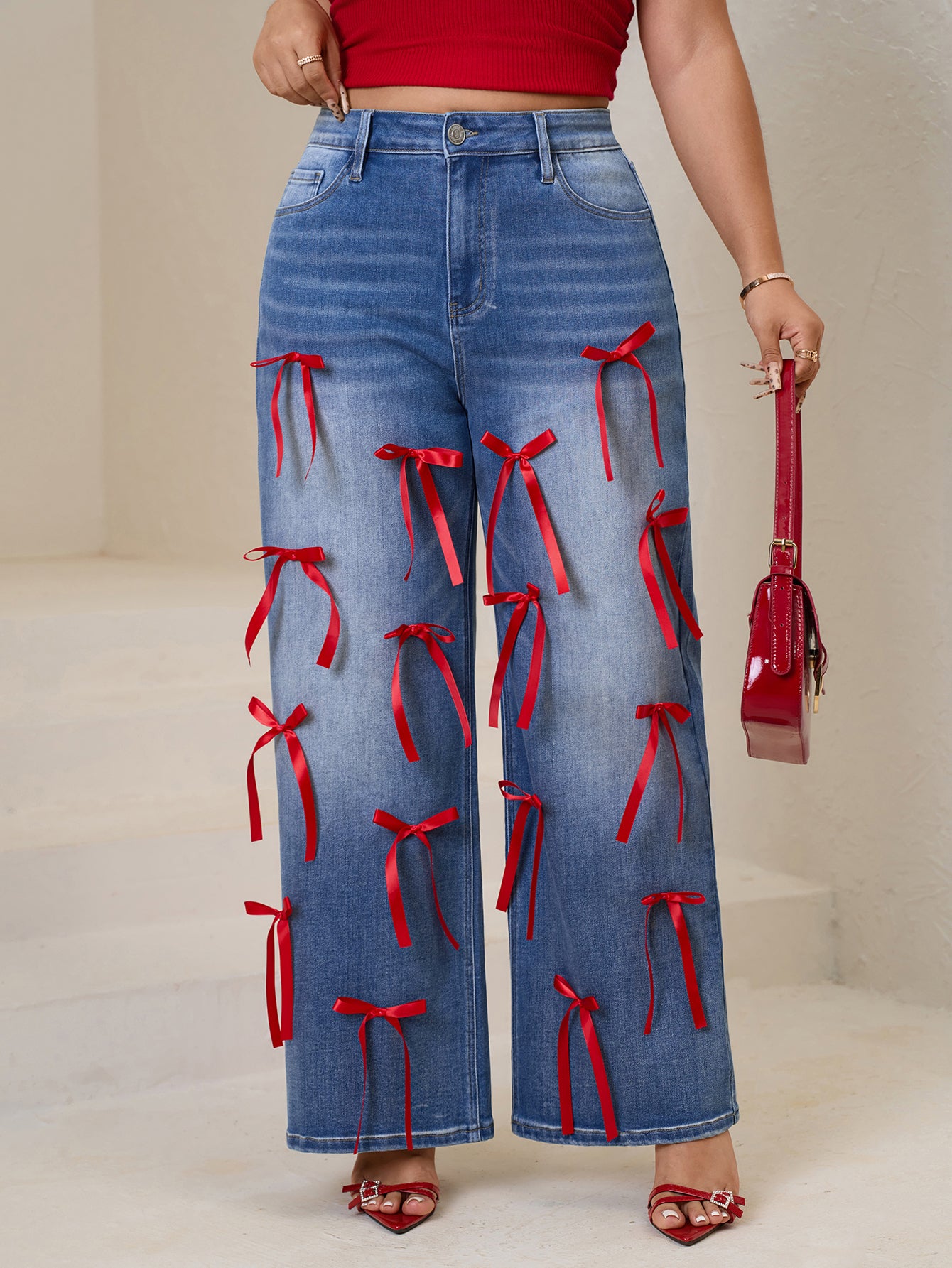 Women Plus High-Waisted Wide-Leg Denim Pants with Red Ribbon Detailing