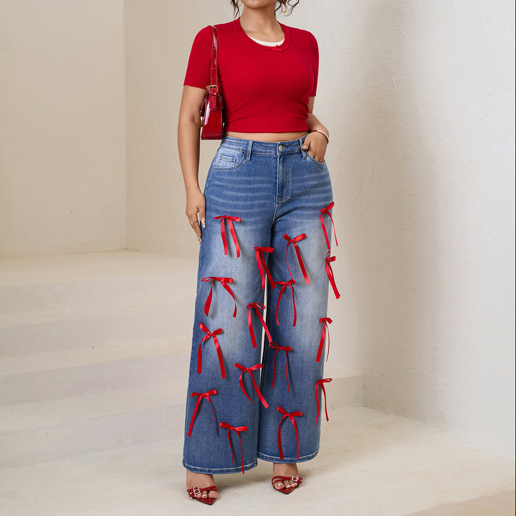 Women Plus High-Waisted Wide-Leg Denim Pants with Red Ribbon Detailing