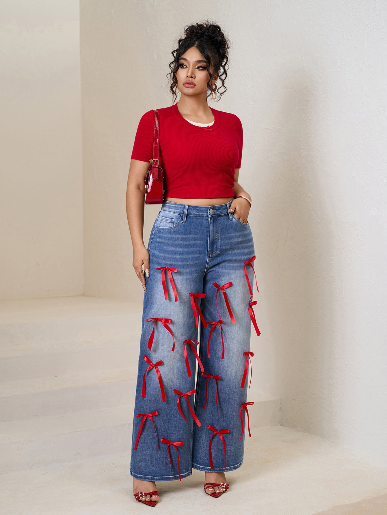 Women Plus High-Waisted Wide-Leg Denim Pants with Red Ribbon Detailing