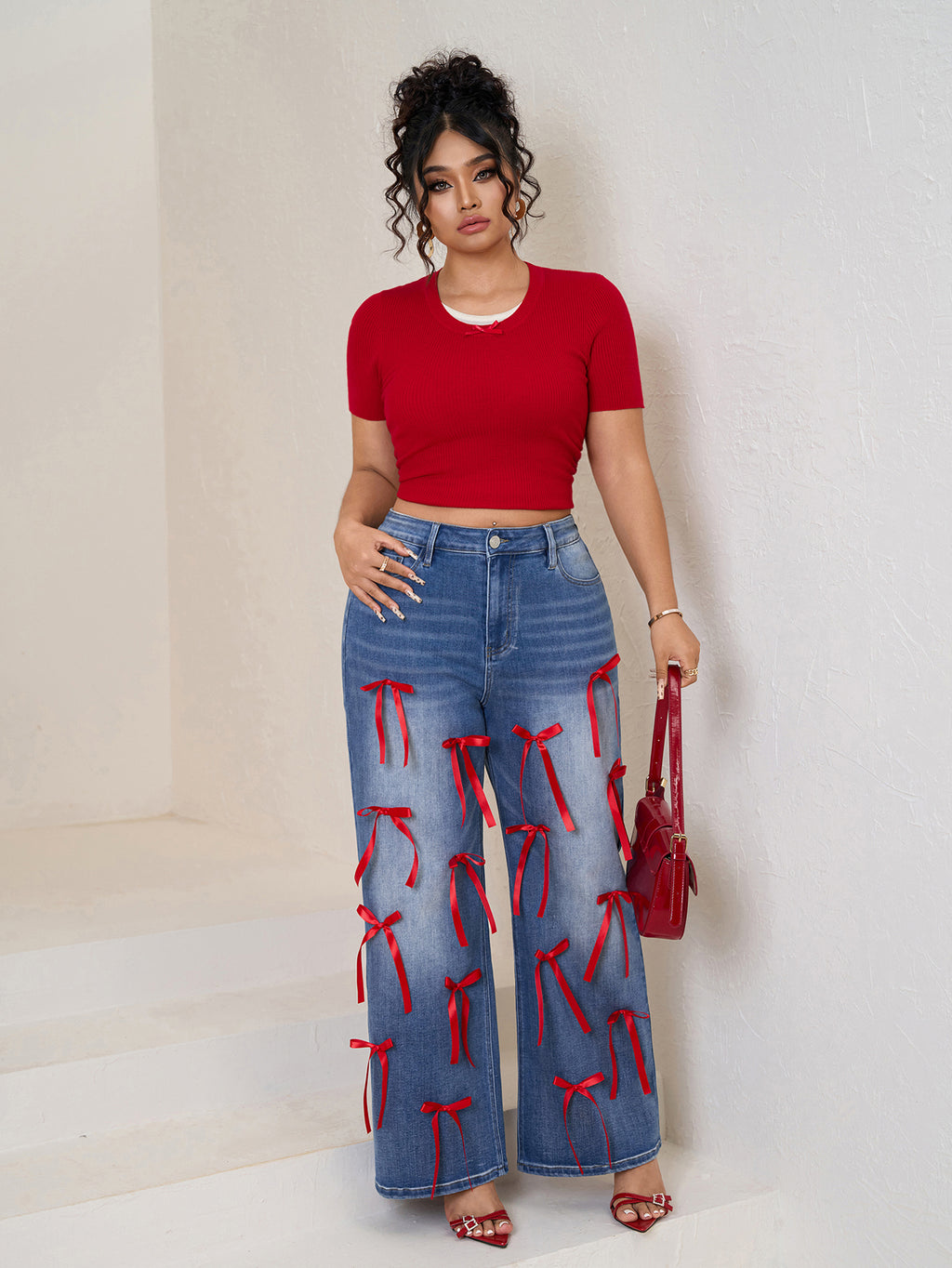 Women Plus High-Waisted Wide-Leg Denim Pants with Red Ribbon Detailing