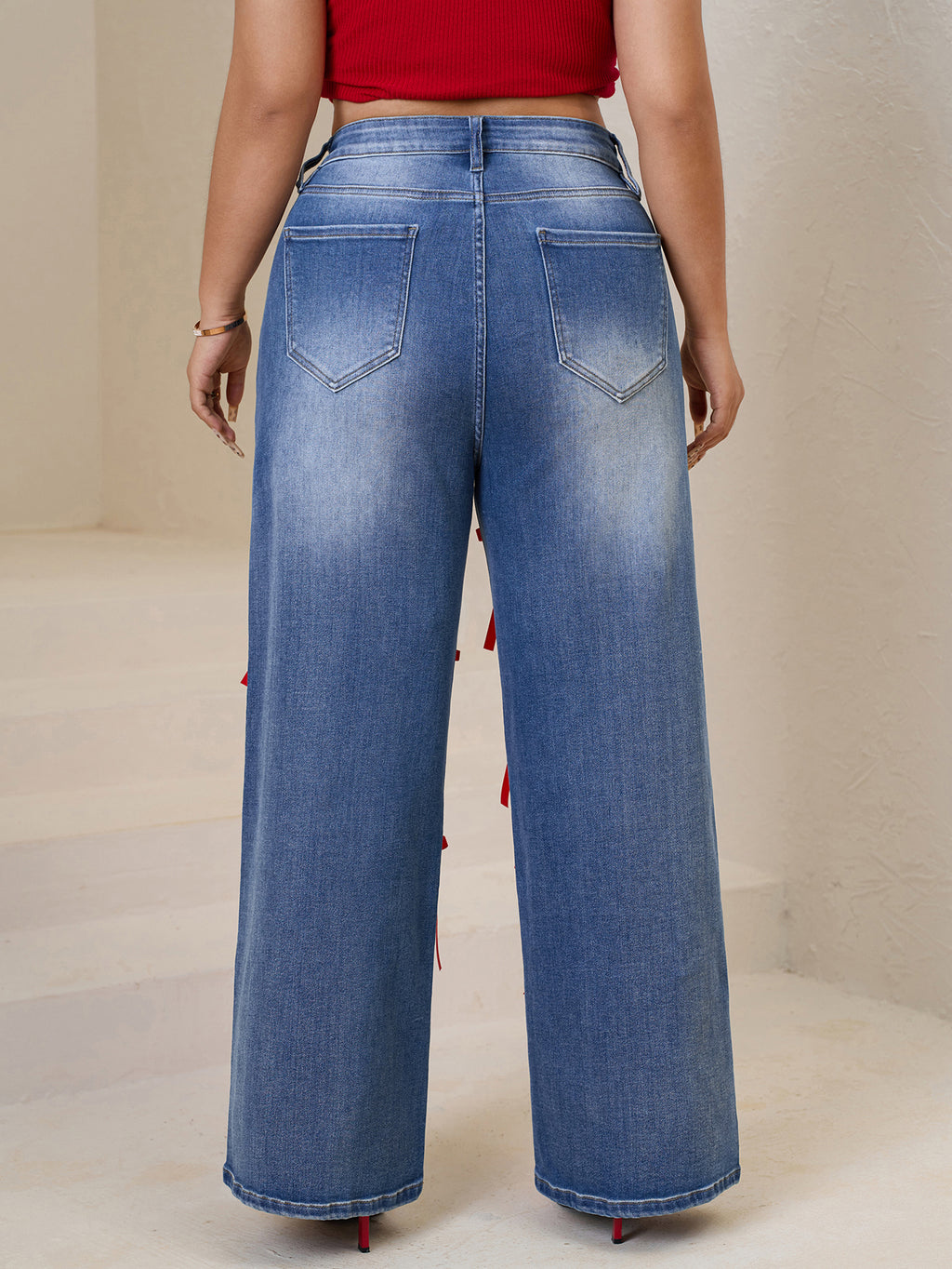 Women Plus High-Waisted Wide-Leg Denim Pants with Red Ribbon Detailing