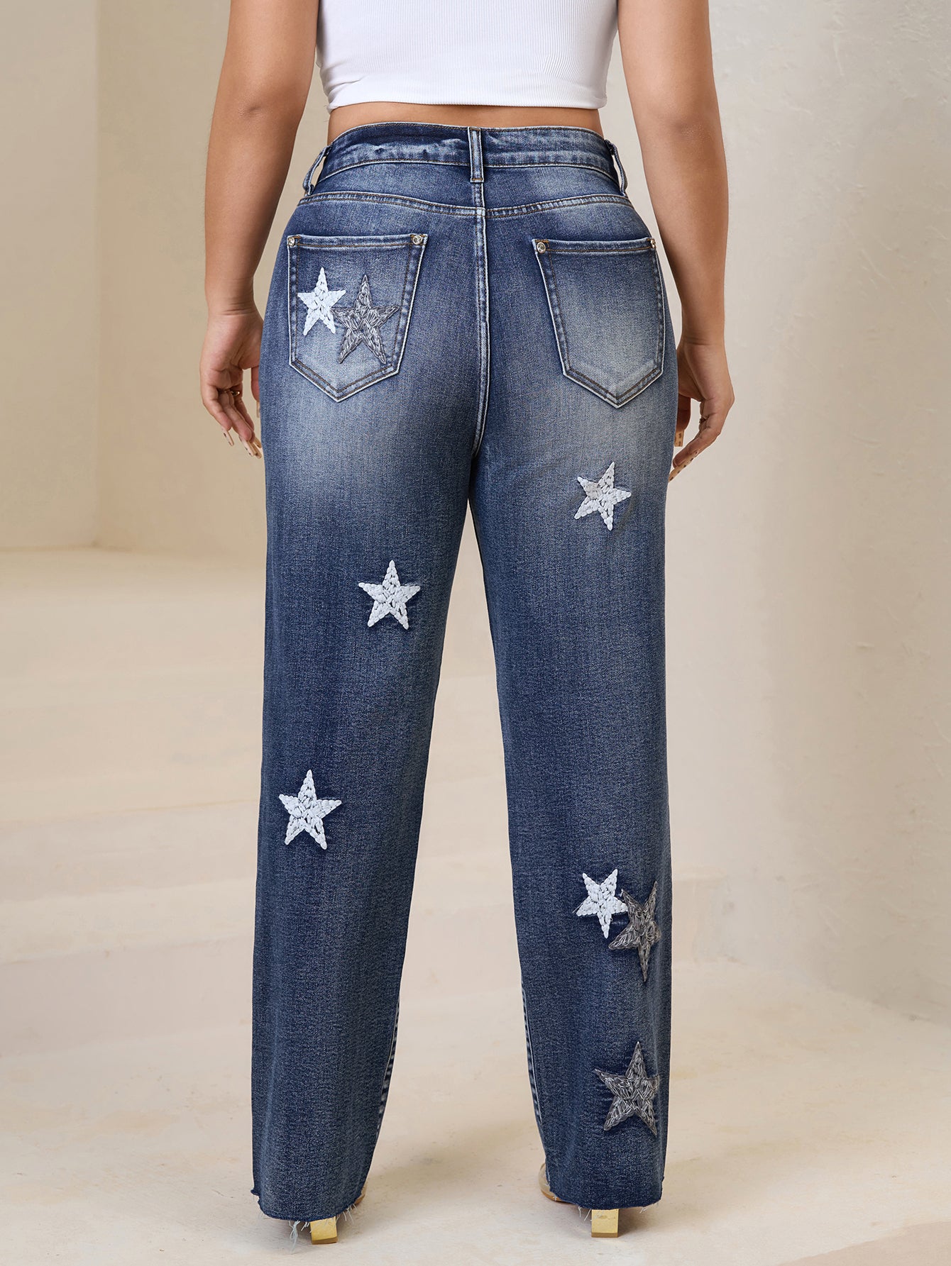 Distressed Wide-Leg Denim Jeans with Star Embroidery