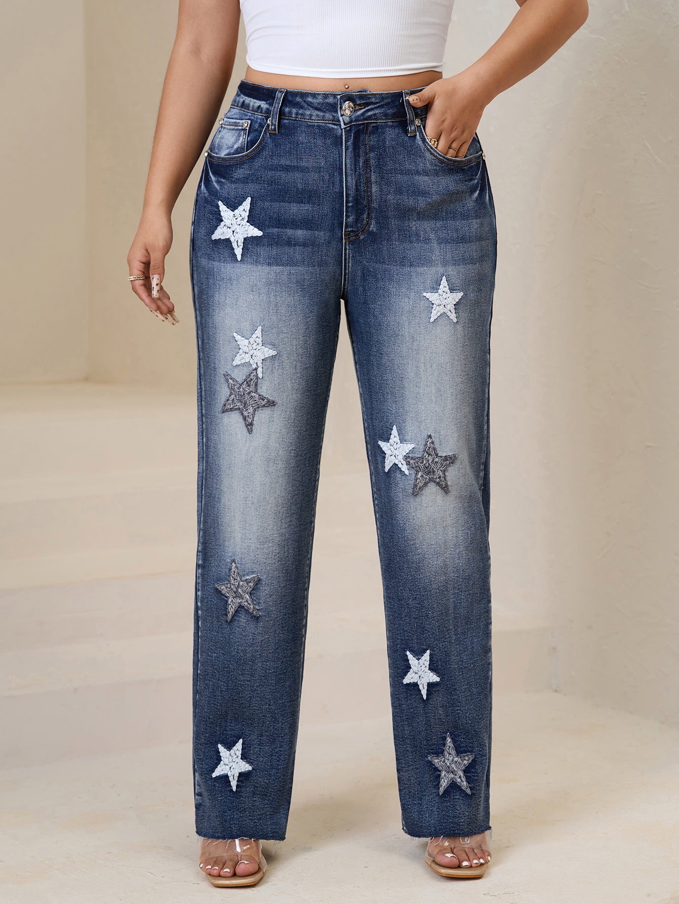 Distressed Wide-Leg Denim Jeans with Star Embroidery