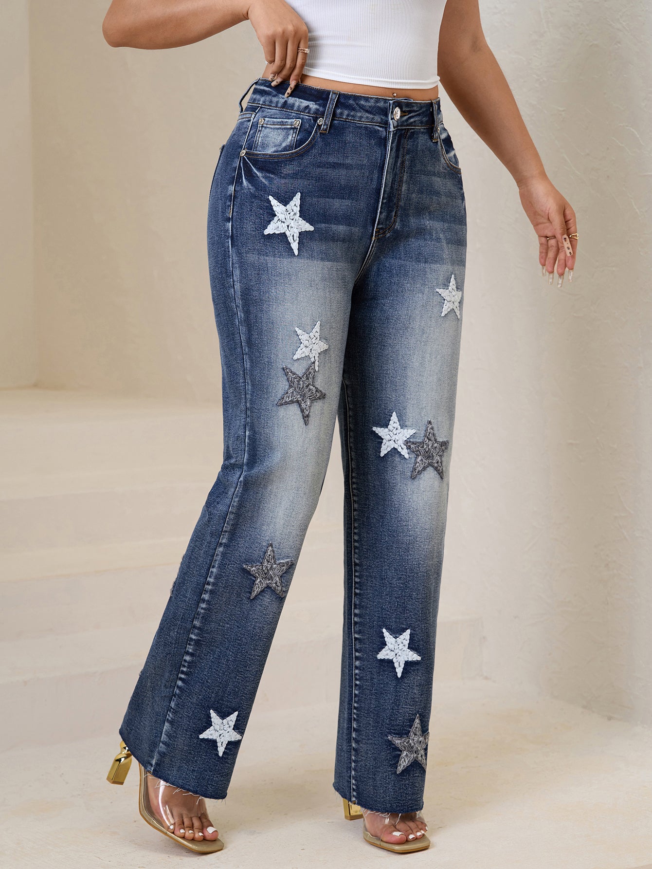 Distressed Wide-Leg Denim Jeans with Star Embroidery