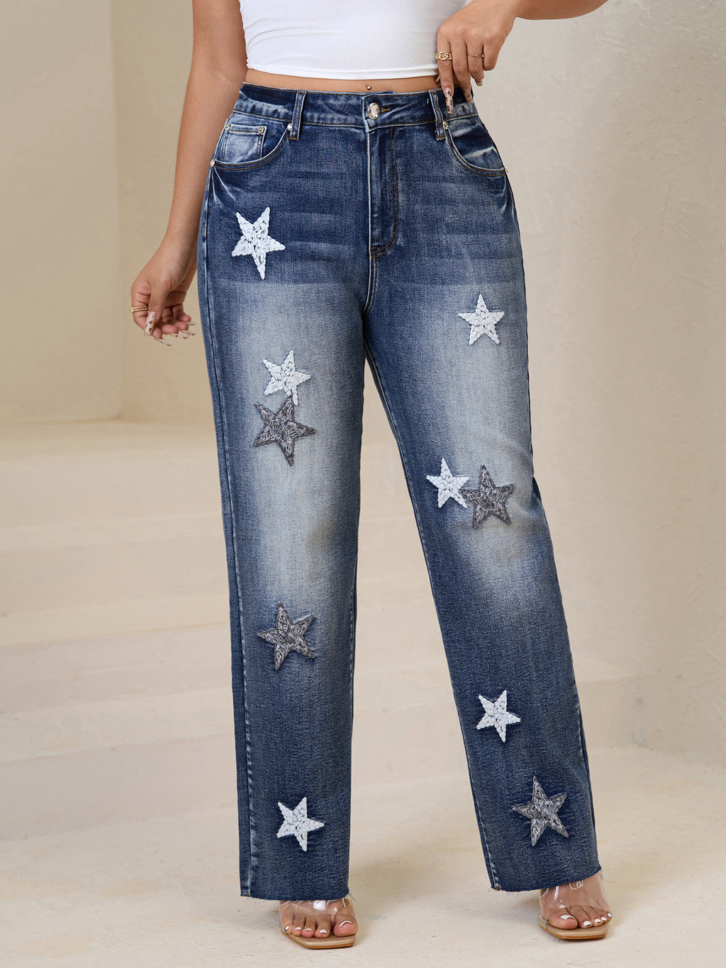 Distressed Wide-Leg Denim Jeans with Star Embroidery