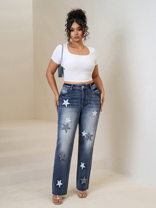 Distressed Wide-Leg Denim Jeans with Star Embroidery