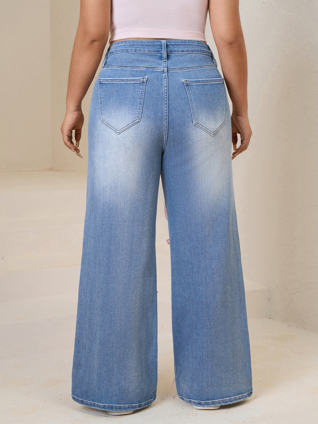 Women plus High-Waisted Wide-Leg Denim Pants with Pink Ribbon Embellishments