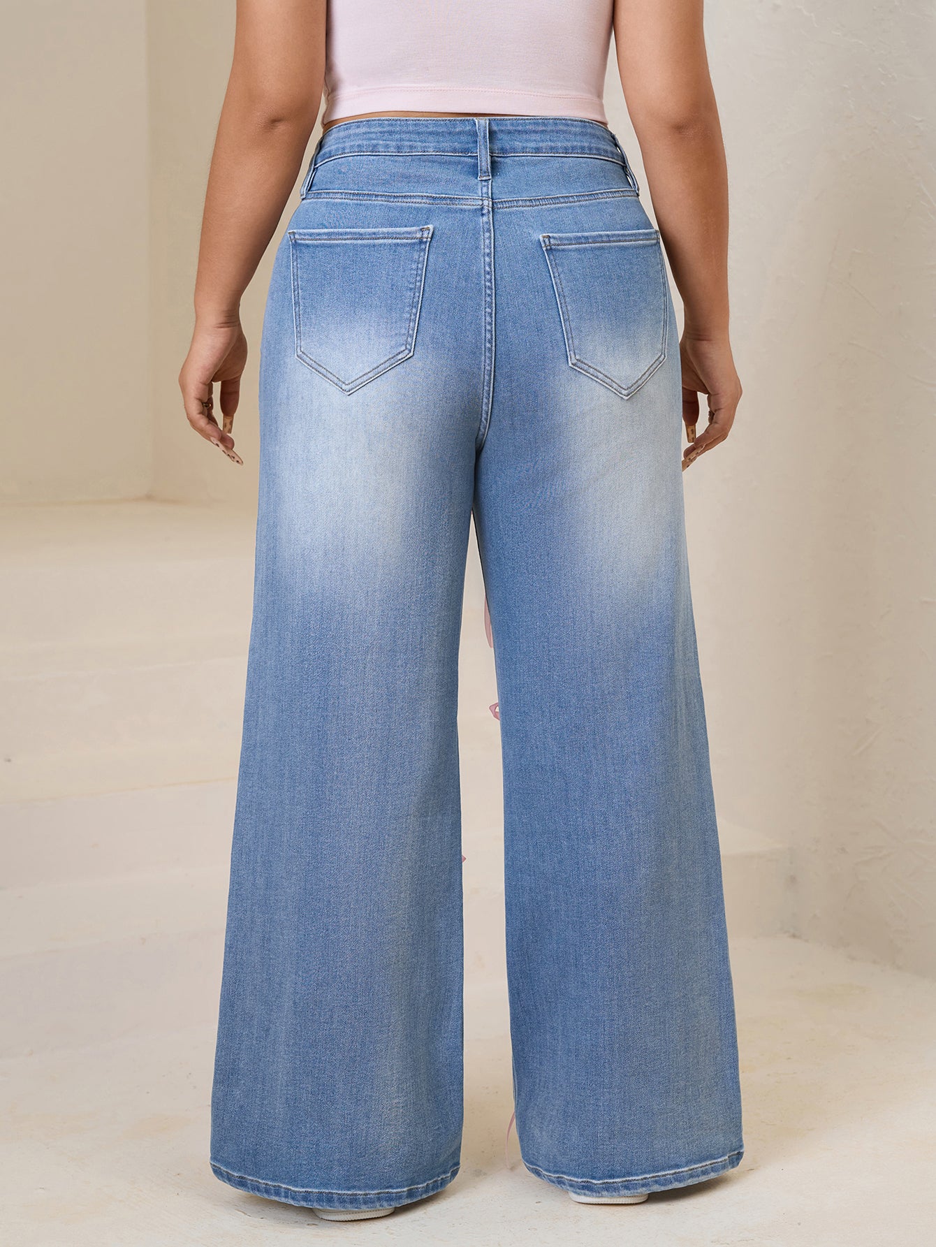 Women plus High-Waisted Wide-Leg Denim Pants with Pink Ribbon Embellishments