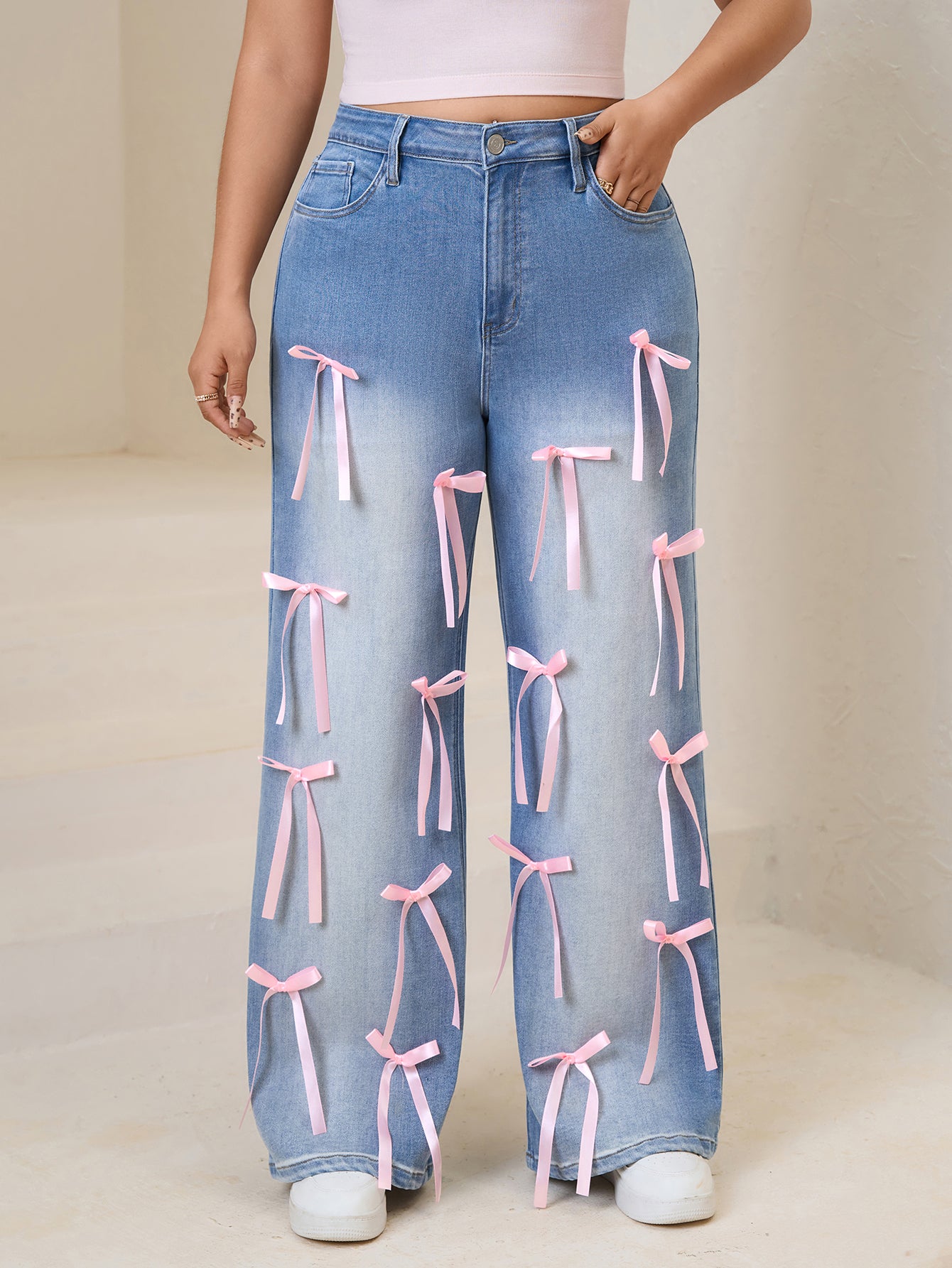 Women plus High-Waisted Wide-Leg Denim Pants with Pink Ribbon Embellishments