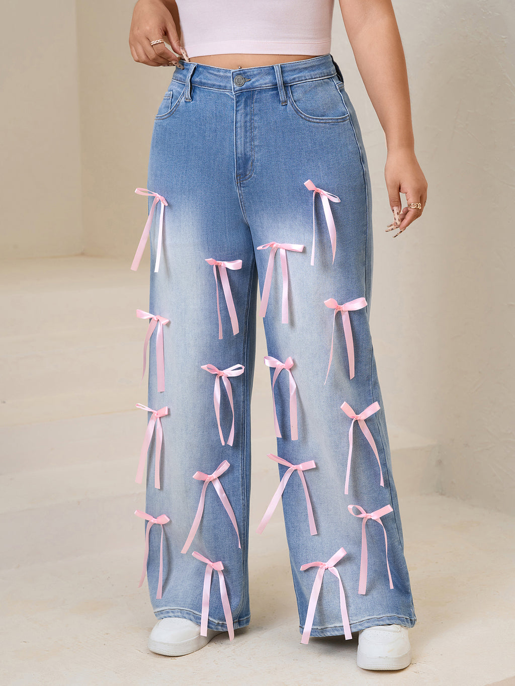 Women plus High-Waisted Wide-Leg Denim Pants with Pink Ribbon Embellishments