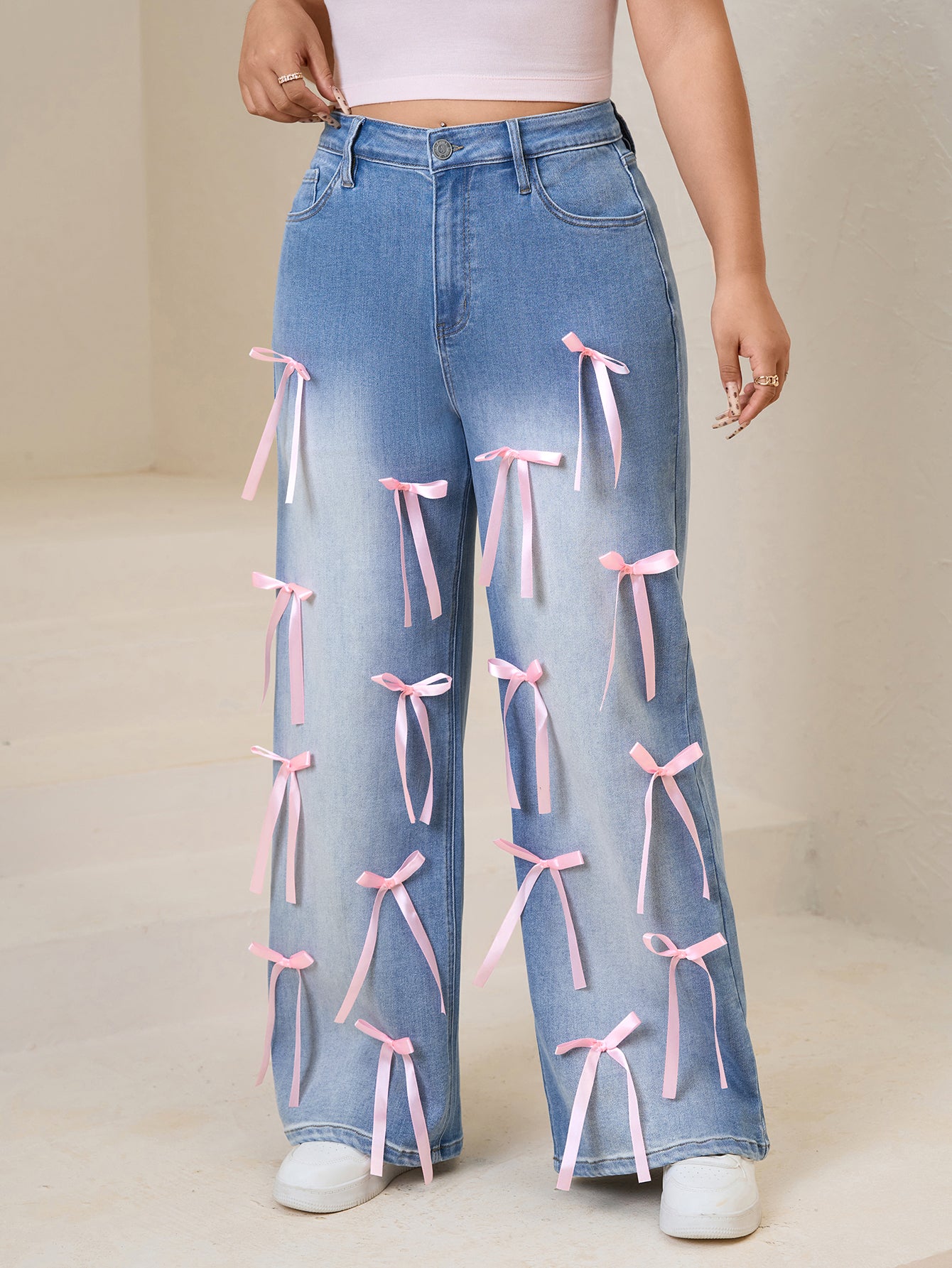 Women plus High-Waisted Wide-Leg Denim Pants with Pink Ribbon Embellishments