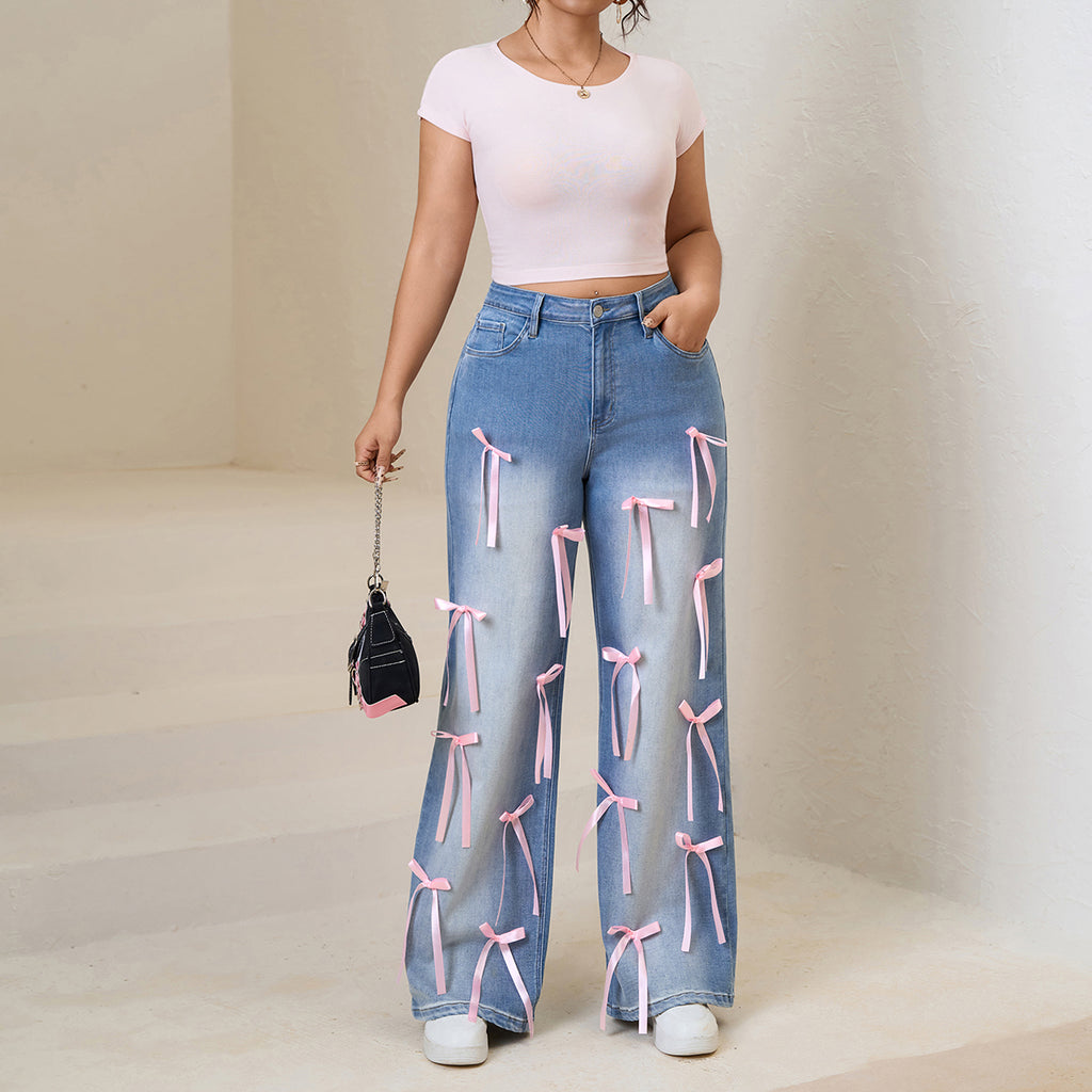 Women plus High-Waisted Wide-Leg Denim Pants with Pink Ribbon Embellishments