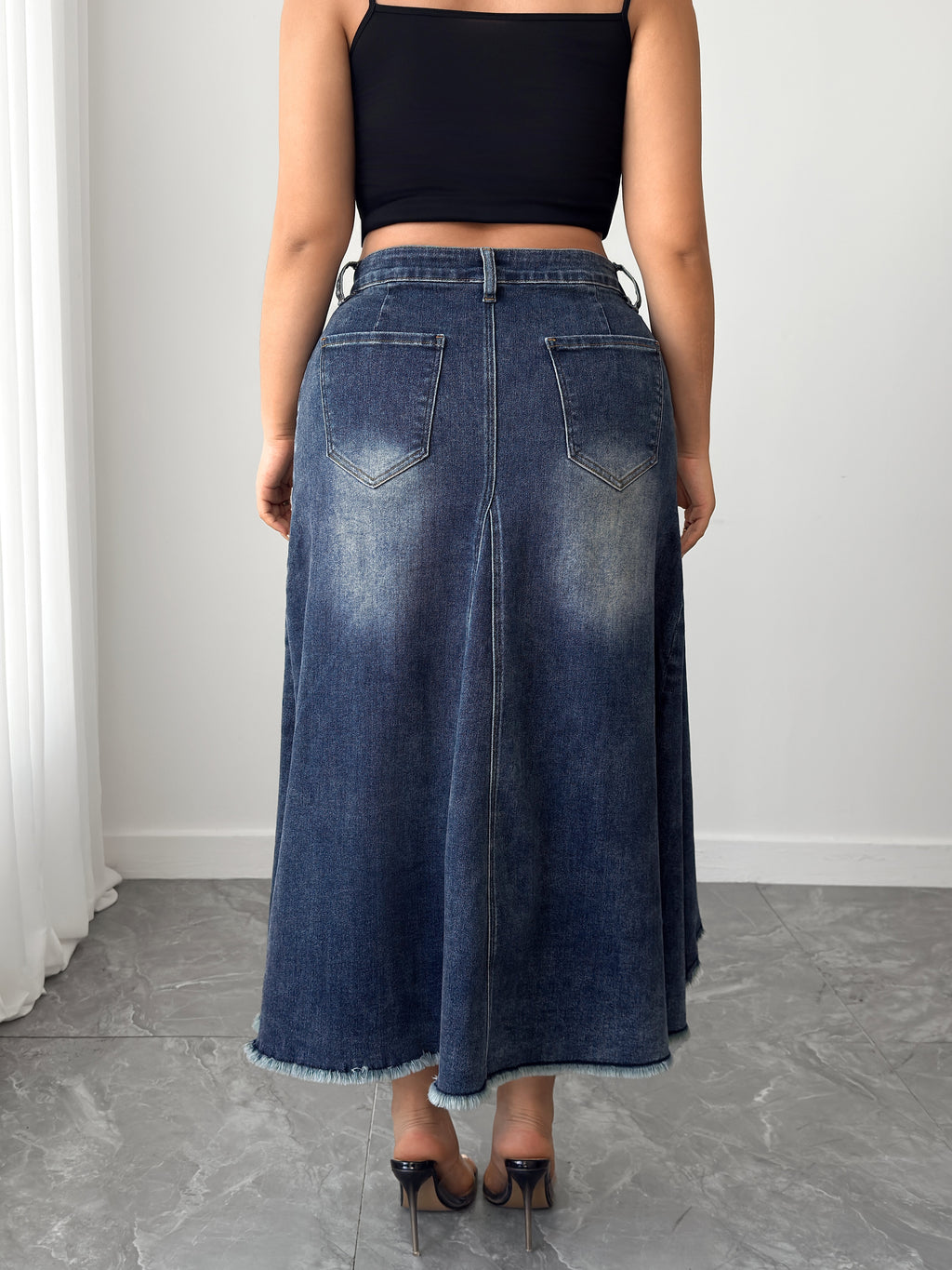 Women's Plus High - Waisted Asymmetric Hem Distressed Denim Midi Skirt