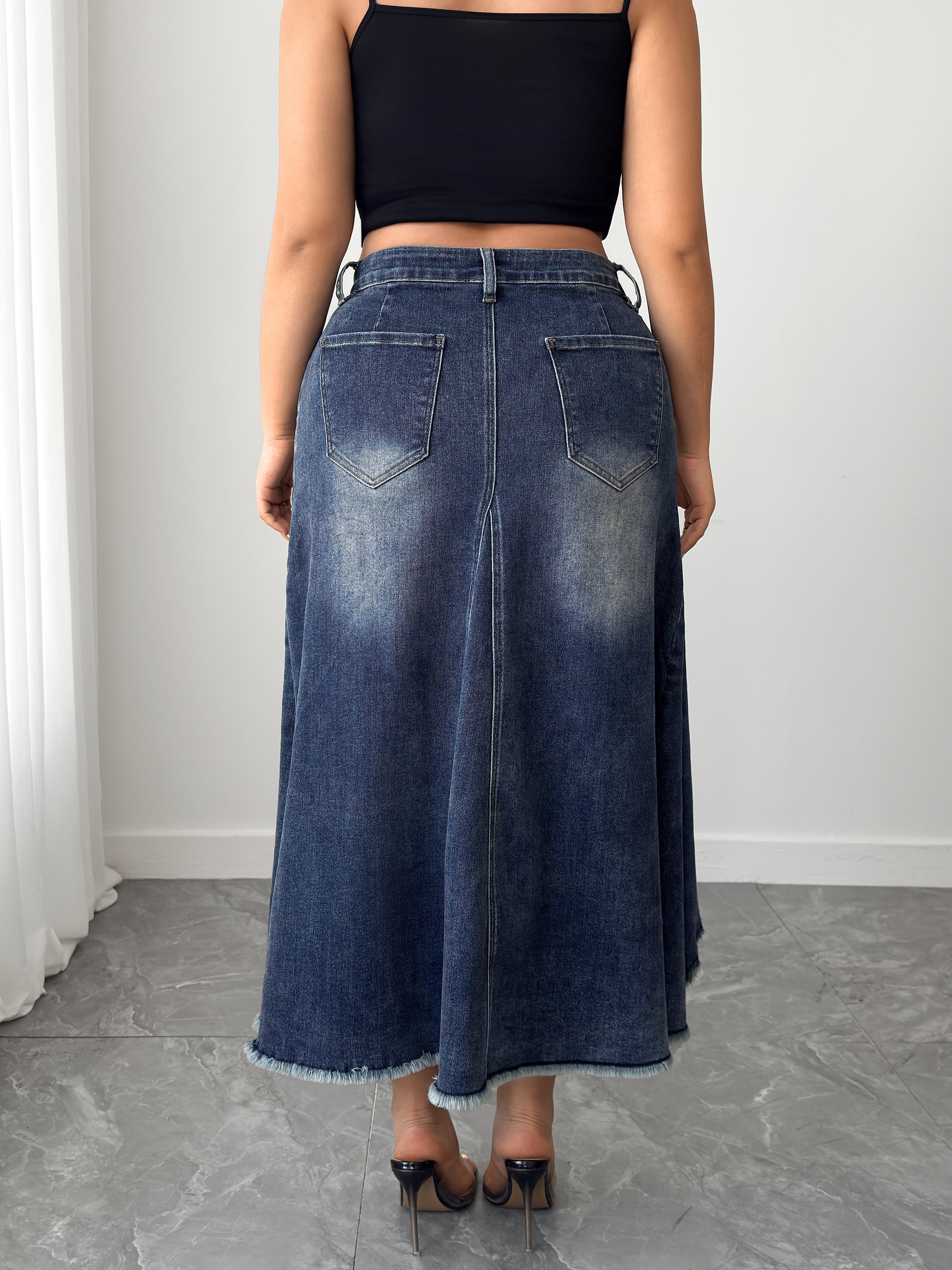 Women's Plus High - Waisted Asymmetric Hem Distressed Denim Midi Skirt