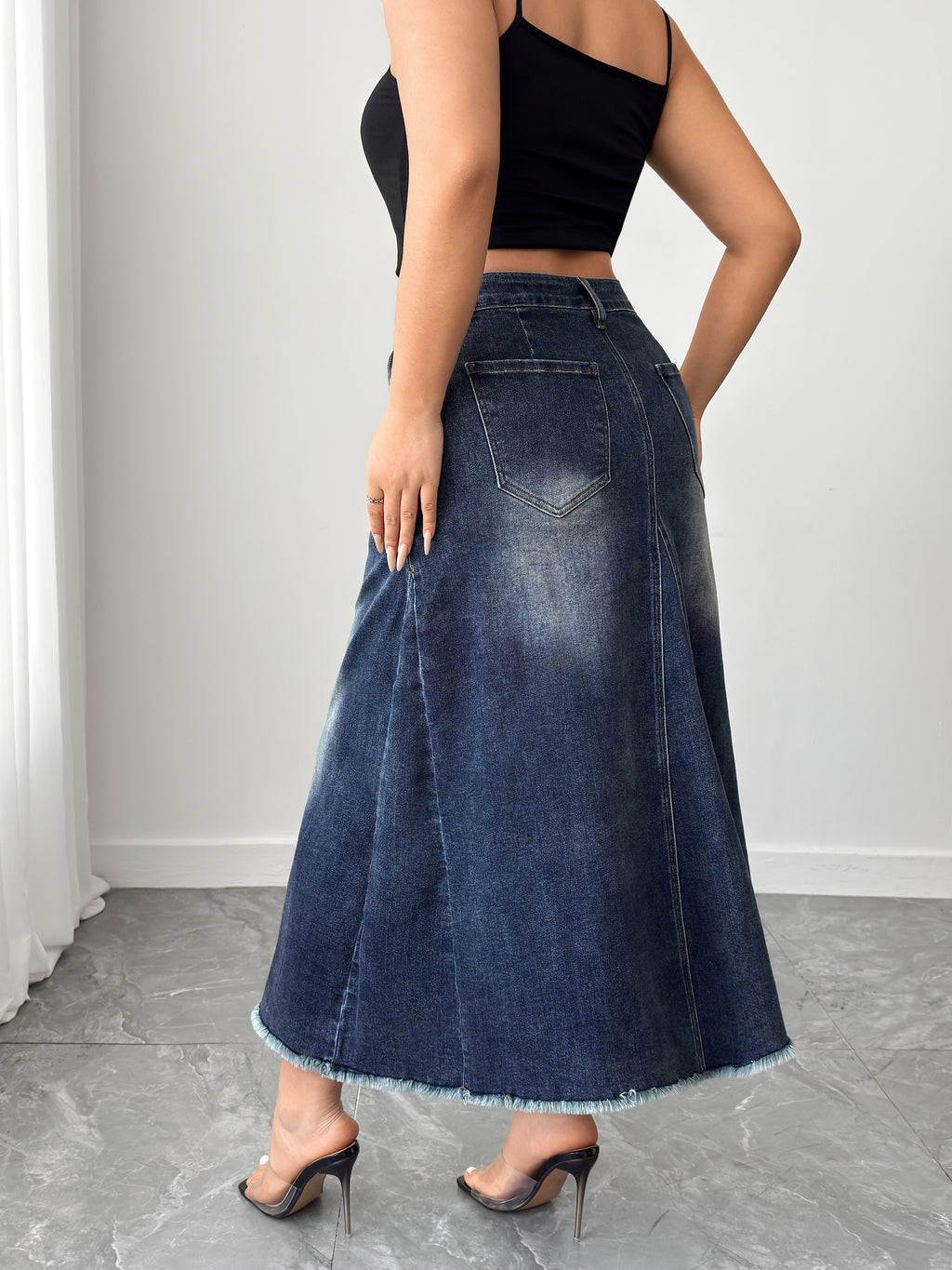 Women's Plus High - Waisted Asymmetric Hem Distressed Denim Midi Skirt