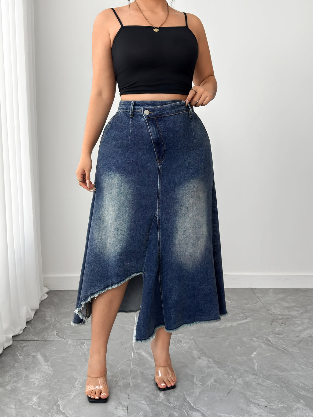 Women's Plus High - Waisted Asymmetric Hem Distressed Denim Midi Skirt