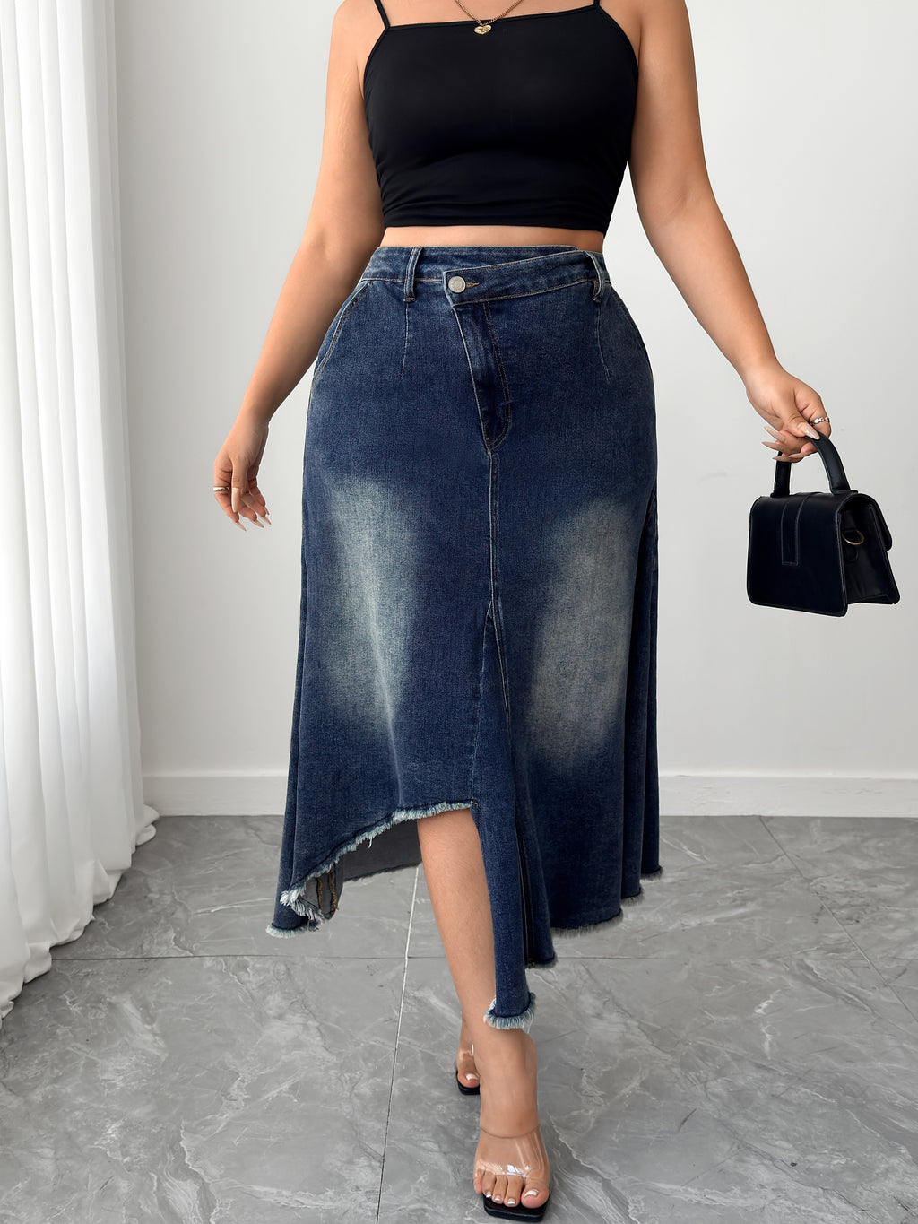 Women's Plus High - Waisted Asymmetric Hem Distressed Denim Midi Skirt