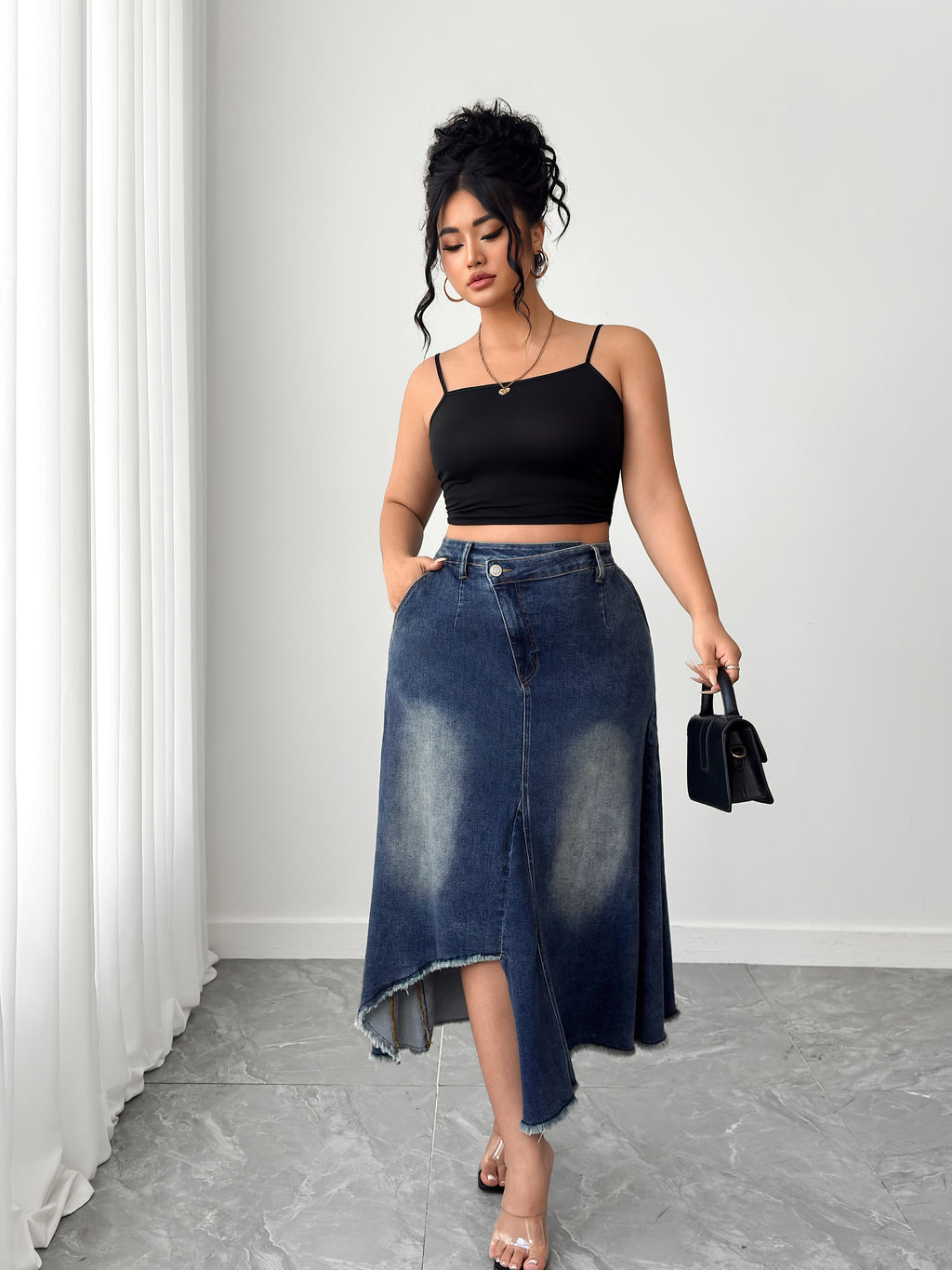 Women's Plus High - Waisted Asymmetric Hem Distressed Denim Midi Skirt