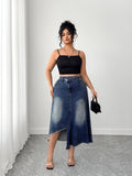 Women's Plus High - Waisted Asymmetric Hem Distressed Denim Midi Skirt