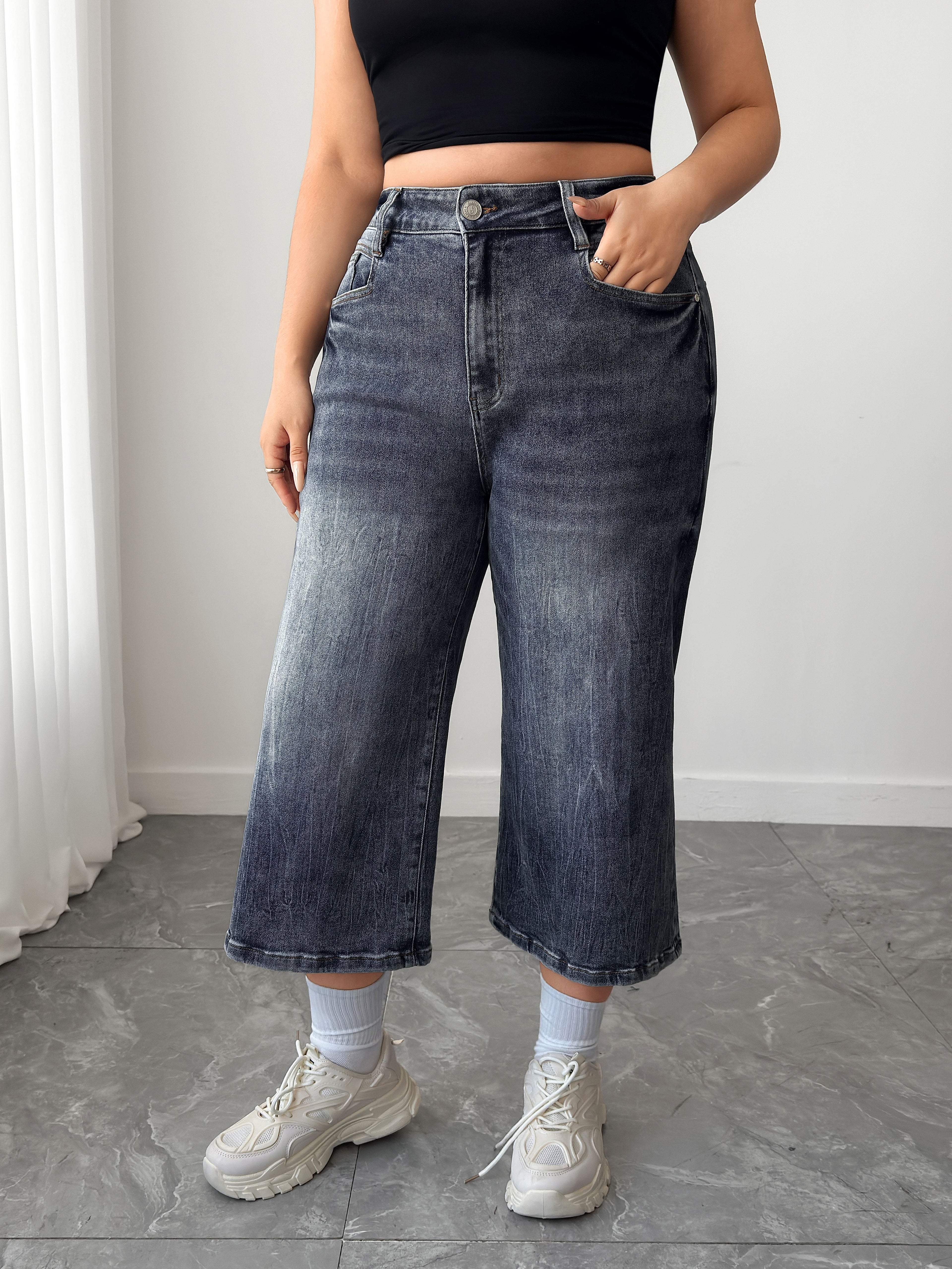 Women's Plus High Waisted Denim Culottes
