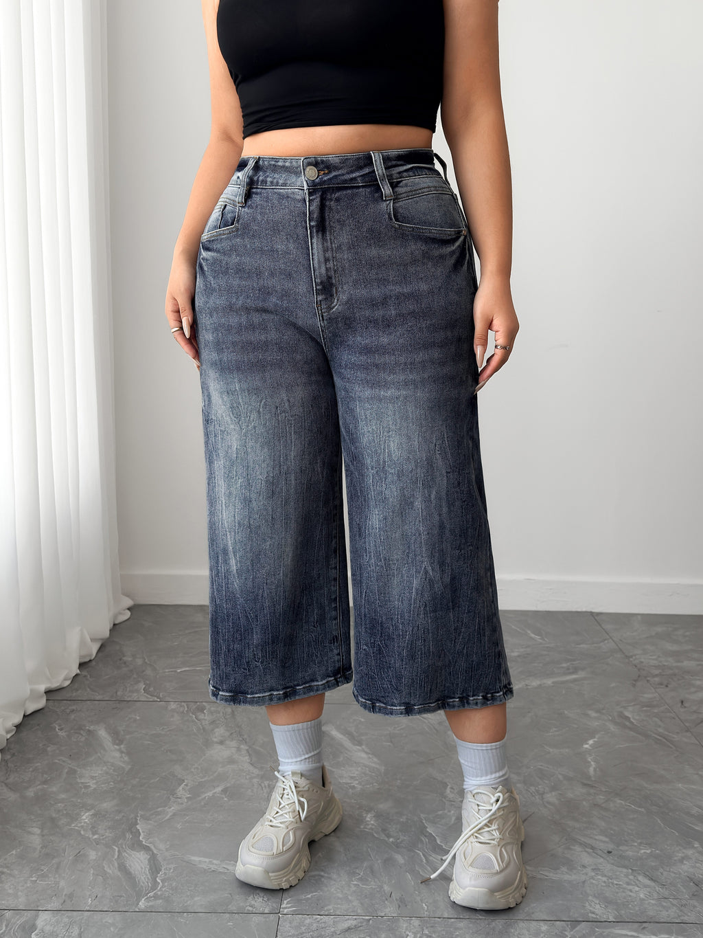 Women's Plus High Waisted Denim Culottes