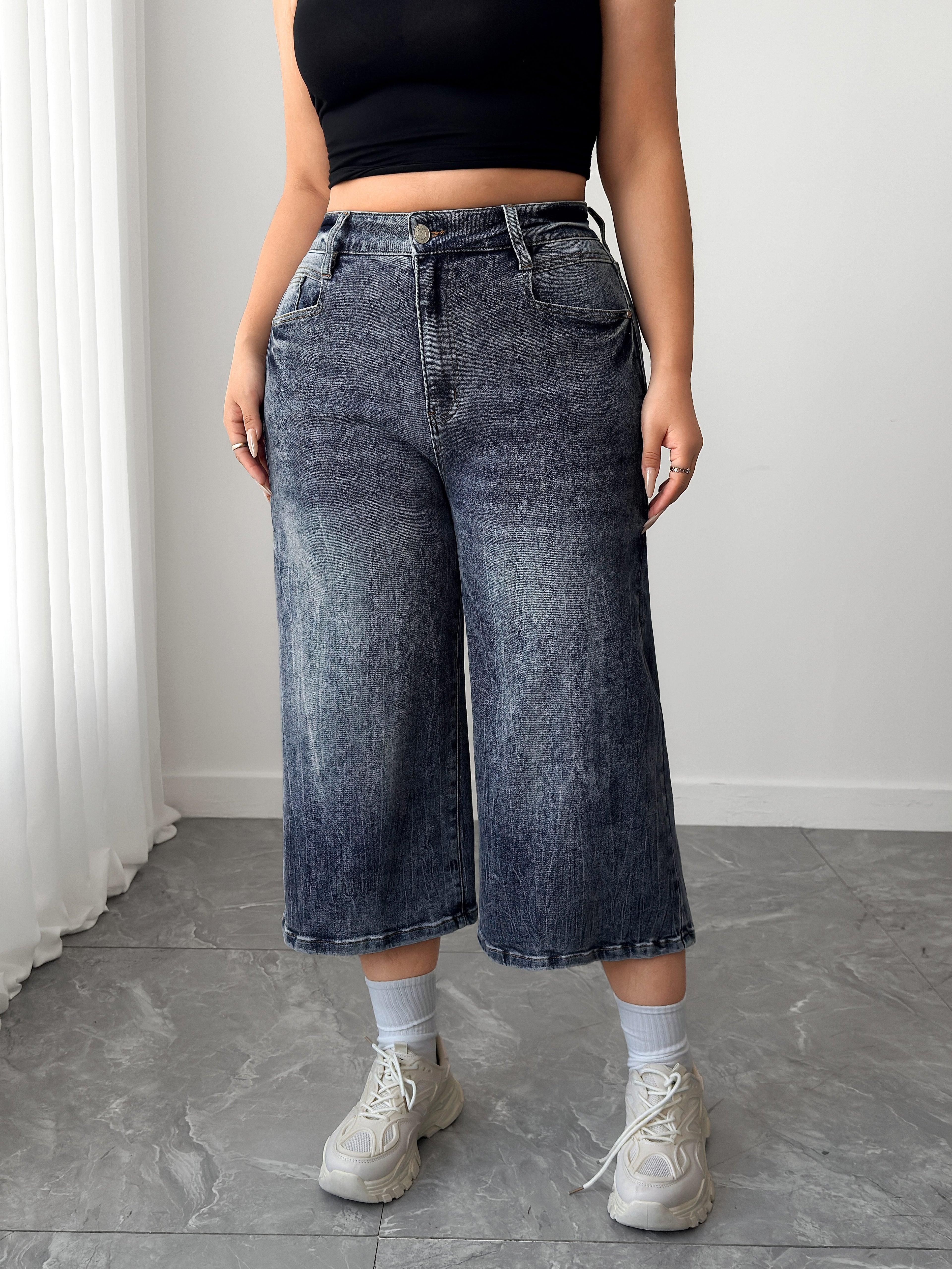 Women's Plus High Waisted Denim Culottes
