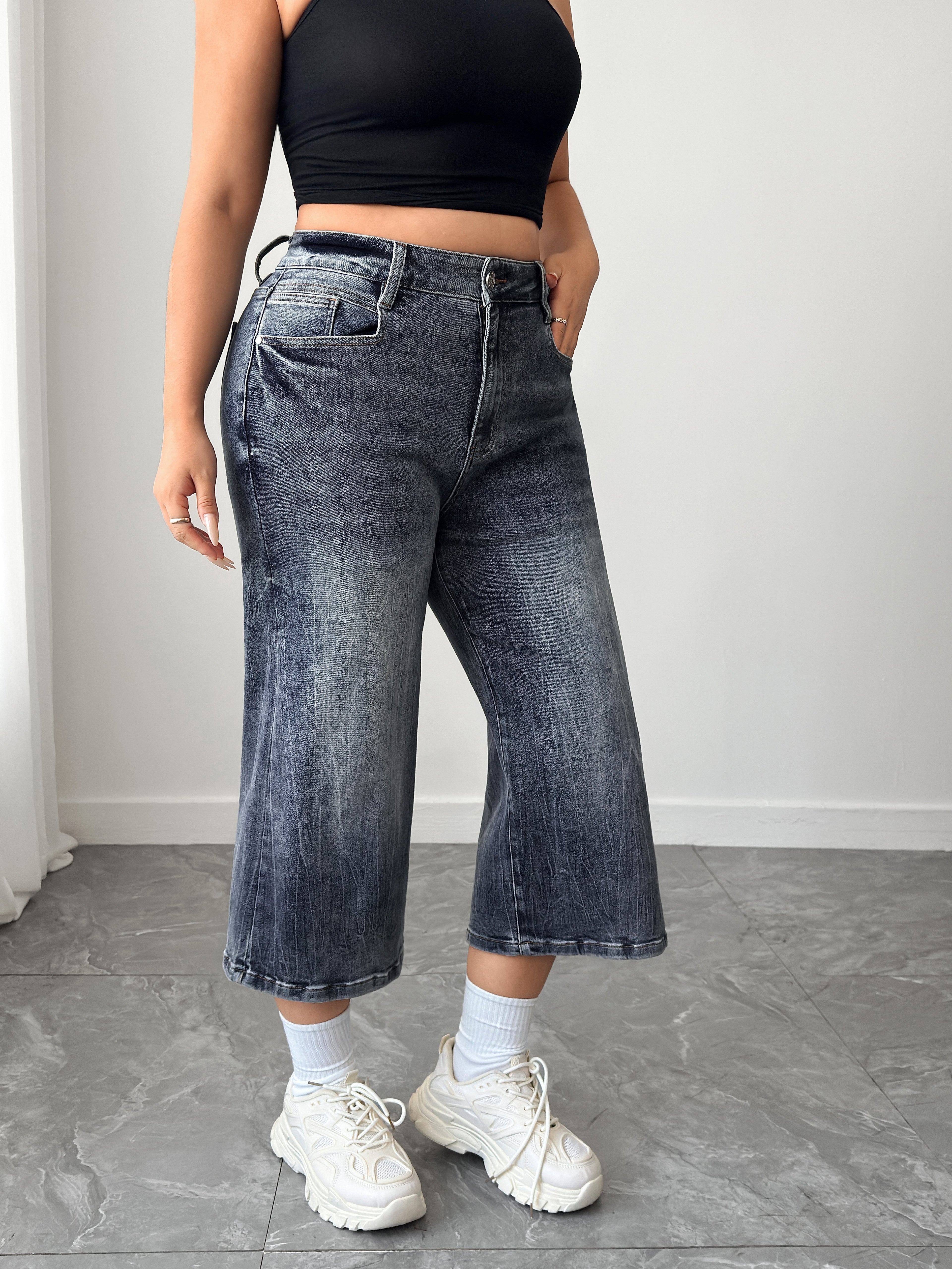 Women's Plus High Waisted Denim Culottes