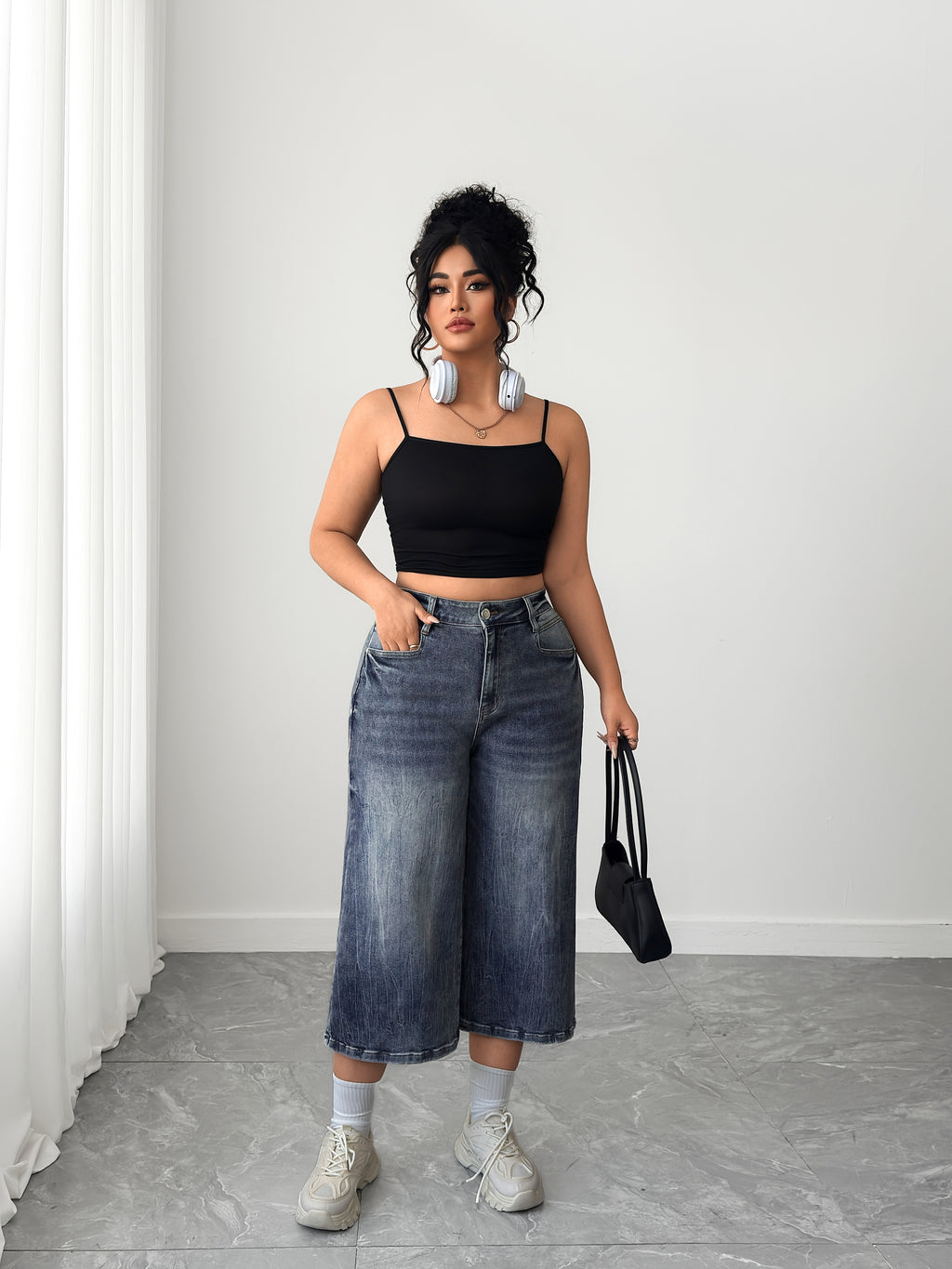 Women's Plus High Waisted Denim Culottes