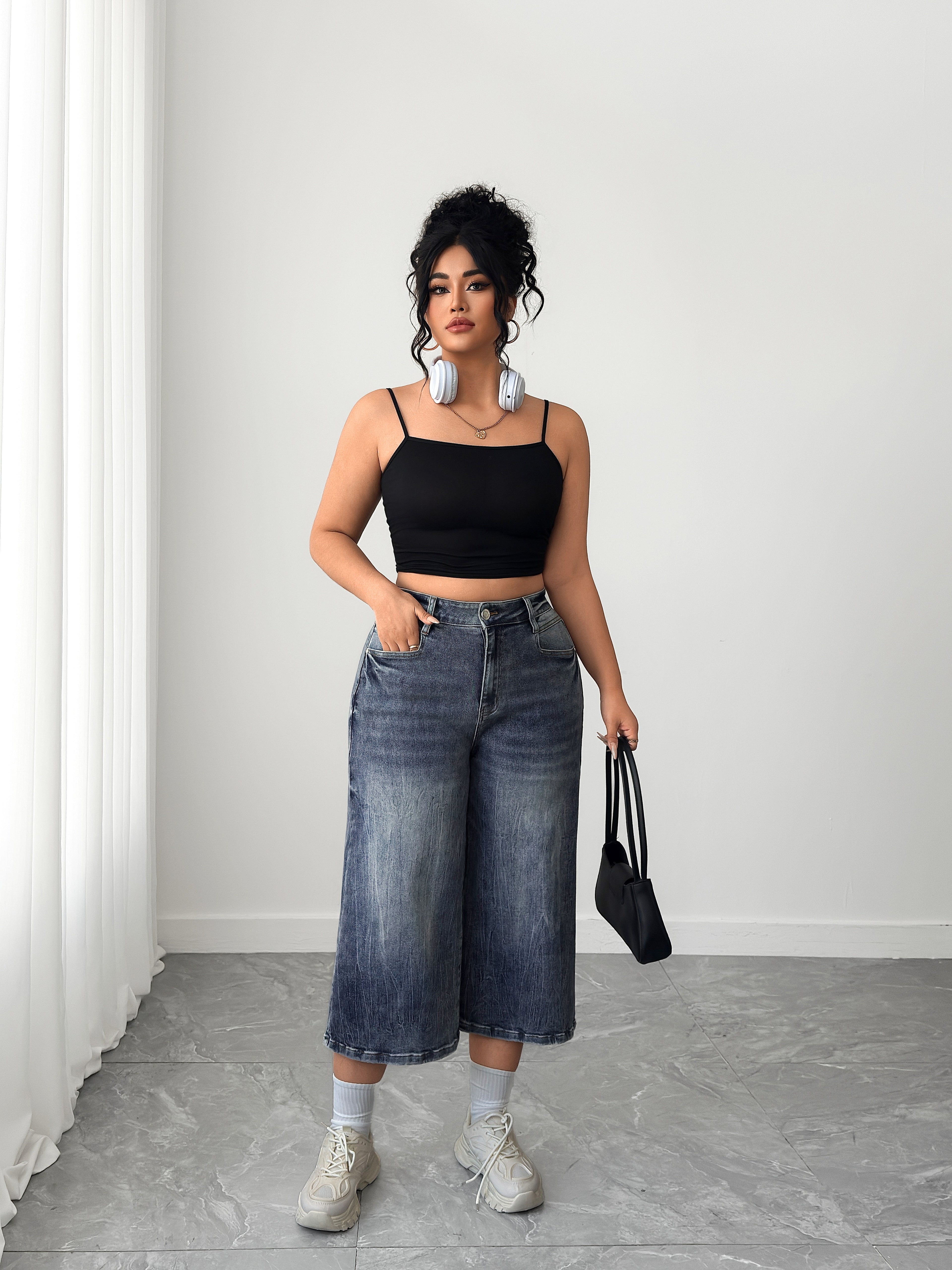 Women's Plus High Waisted Denim Culottes