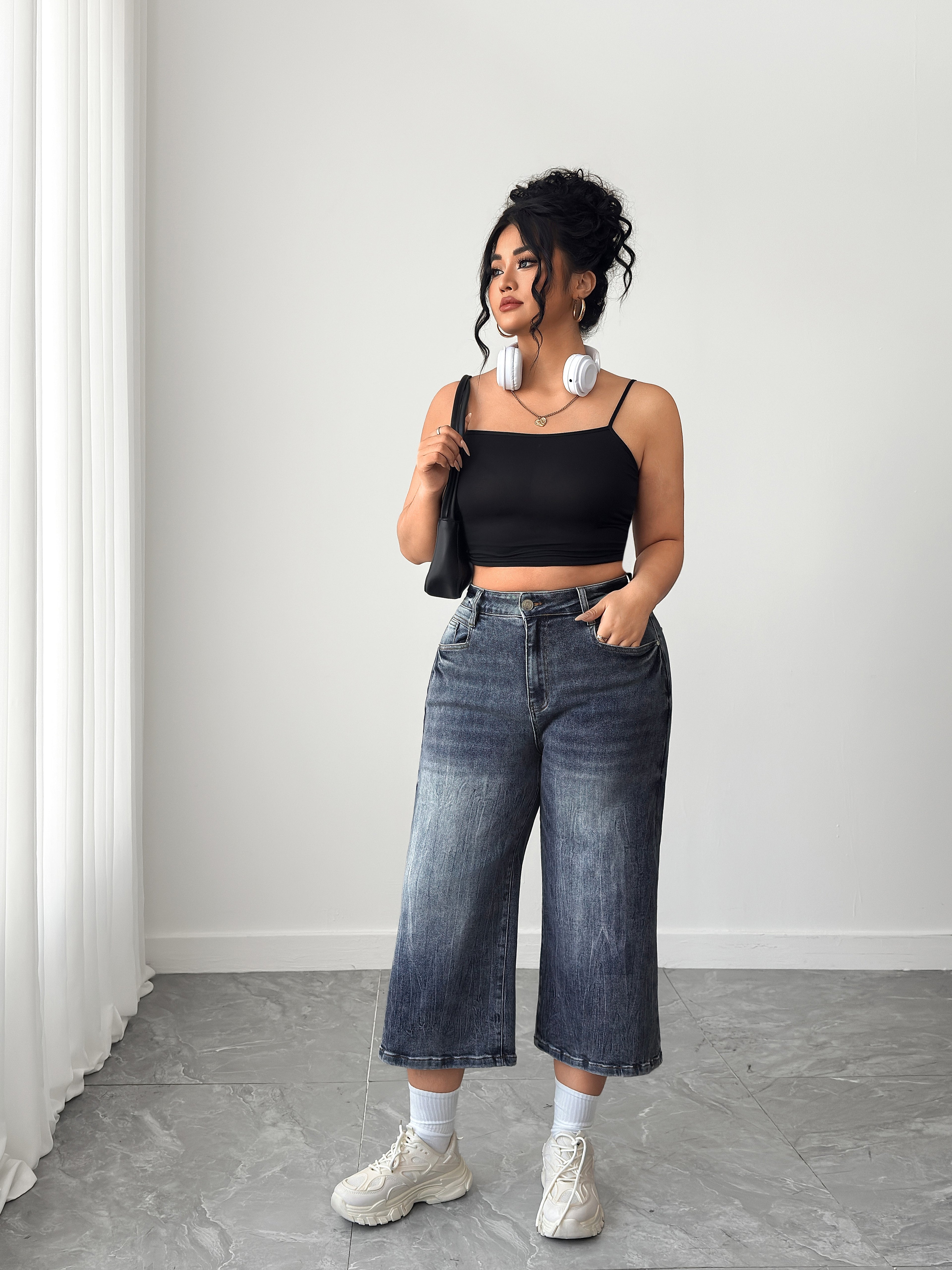 Women's Plus High Waisted Denim Culottes