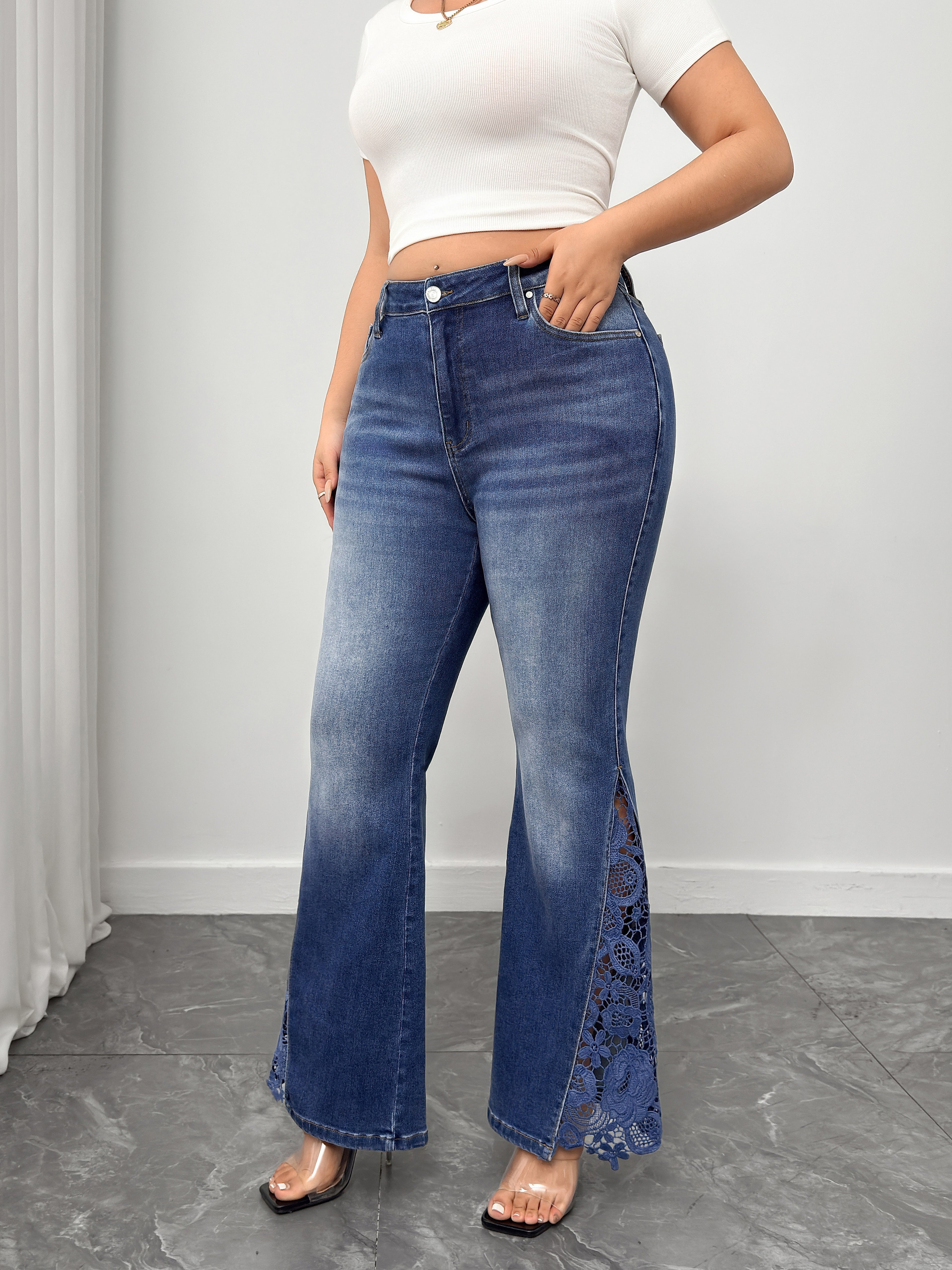Women's Plus High Waisted Flare Jeans with Lace Side Detailing