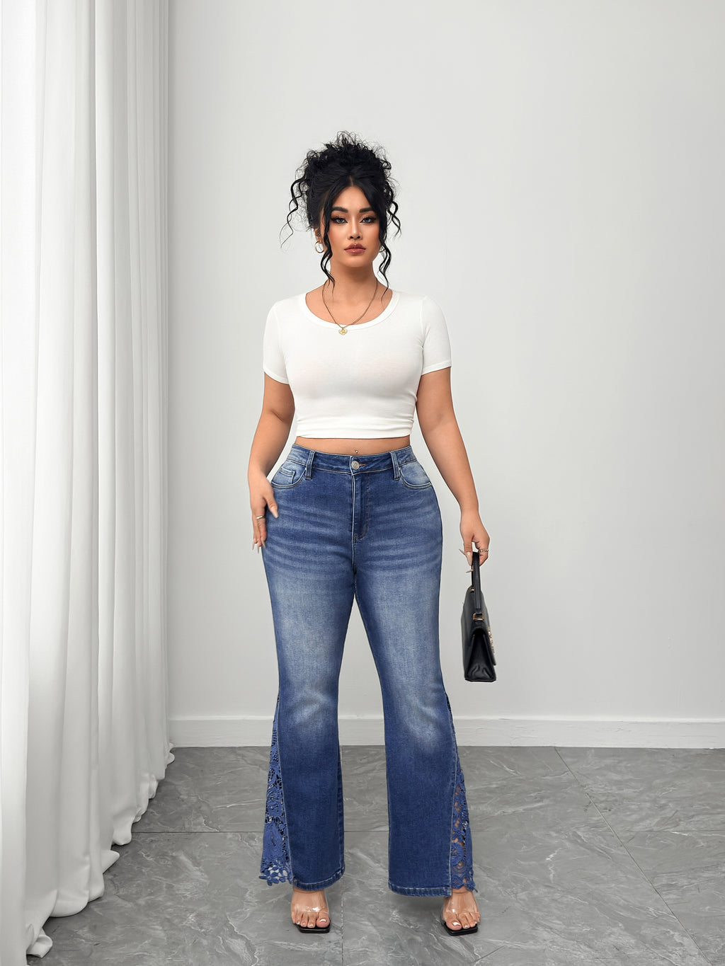 Women's Plus High Waisted Flare Jeans with Lace Side Detailing