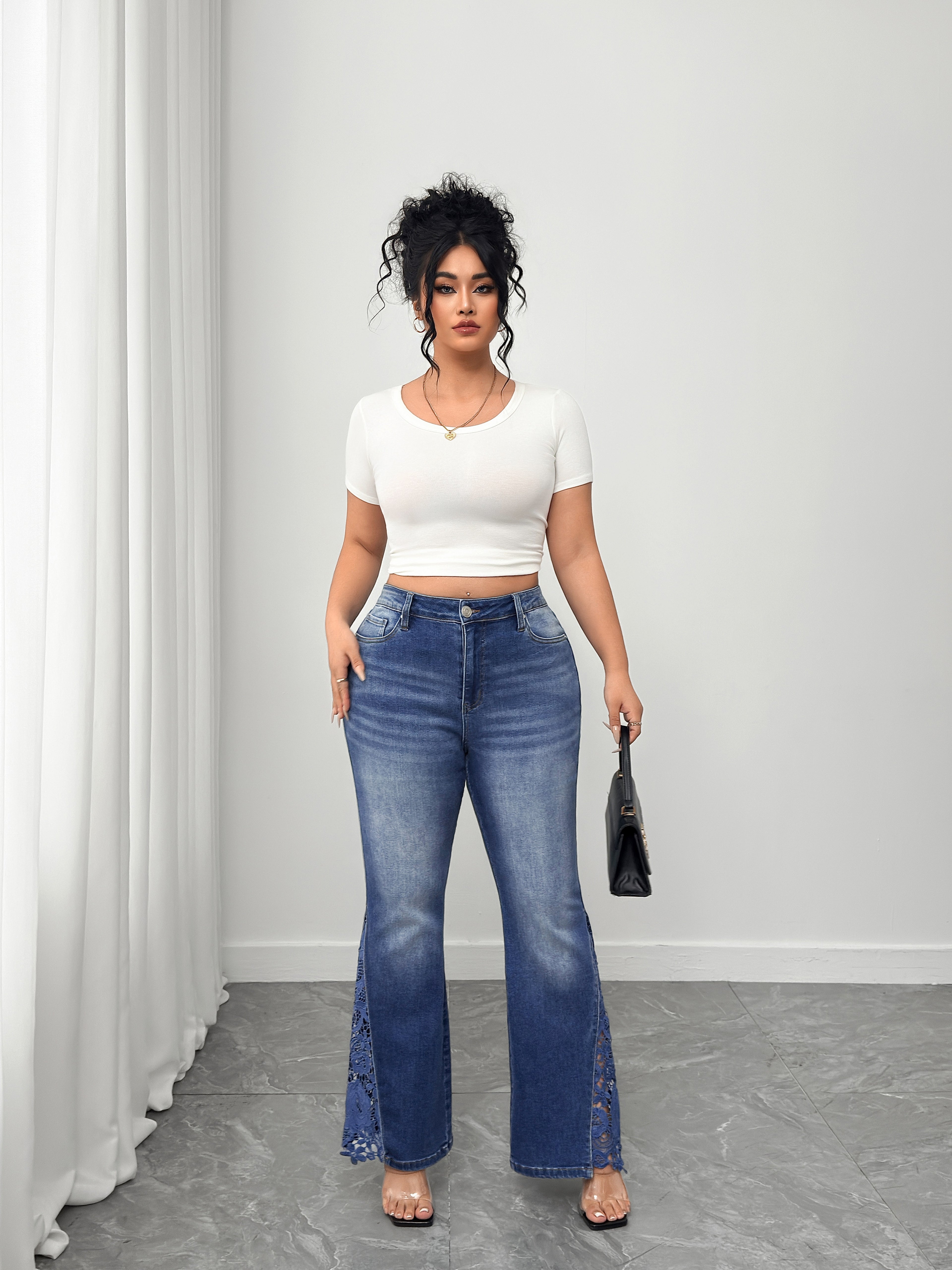 Women's Plus High Waisted Flare Jeans with Lace Side Detailing