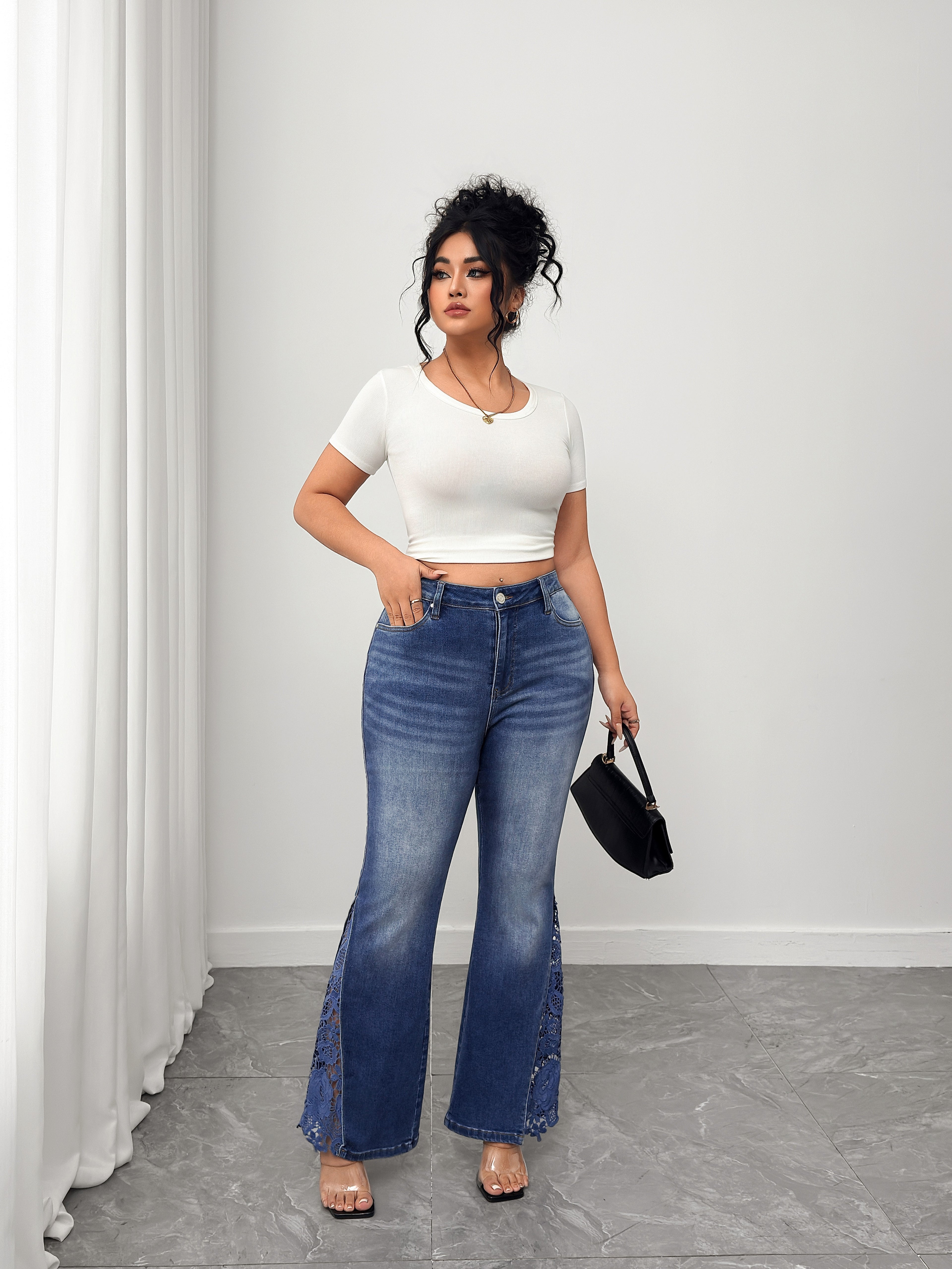 Women's Plus High Waisted Flare Jeans with Lace Side Detailing