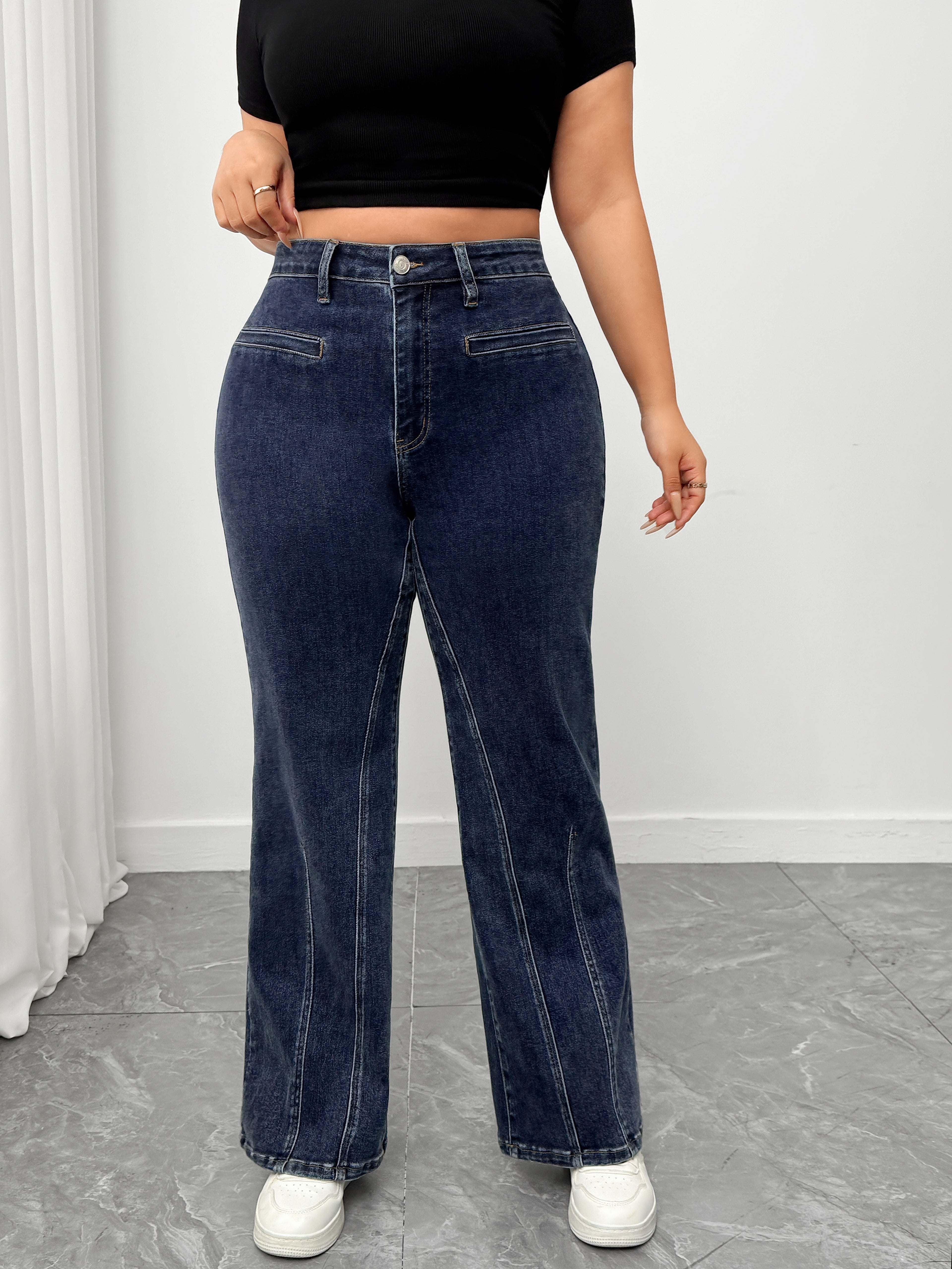Women's Plus High - Waisted Flare Jeans with Ruffled Back Detail