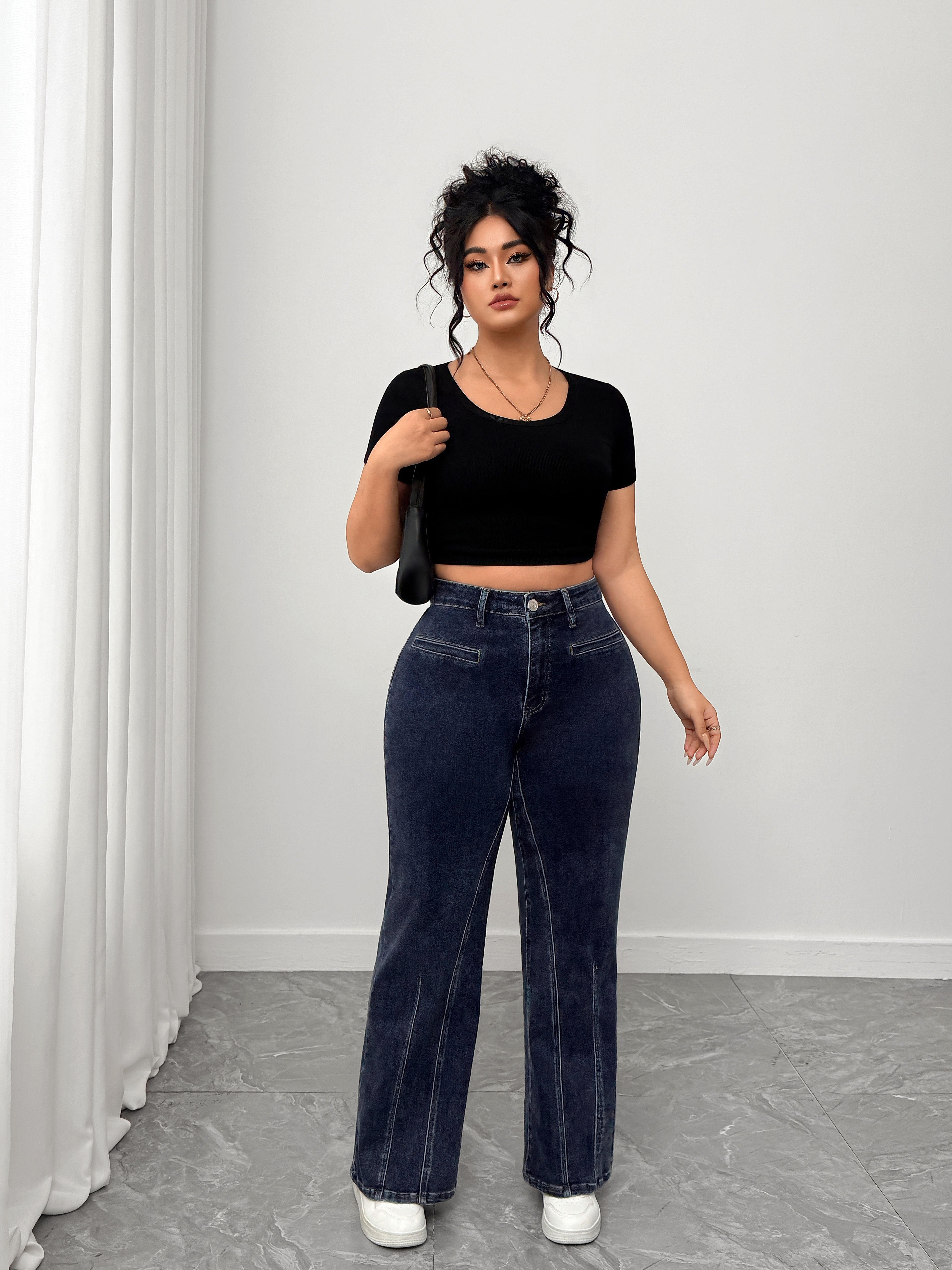 Women's Plus High - Waisted Flare Jeans with Ruffled Back Detail