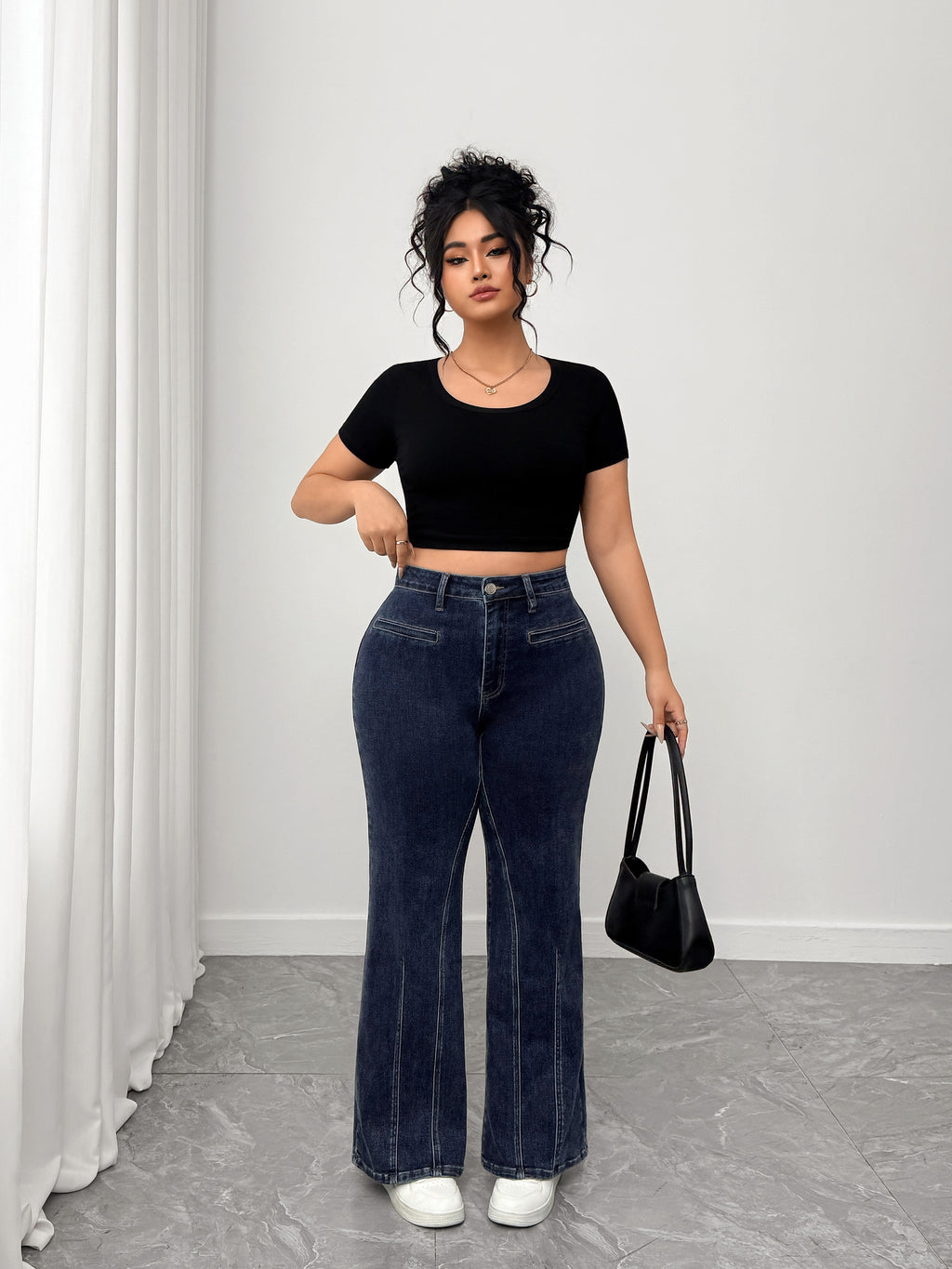 Women's Plus High - Waisted Flare Jeans with Ruffled Back Detail