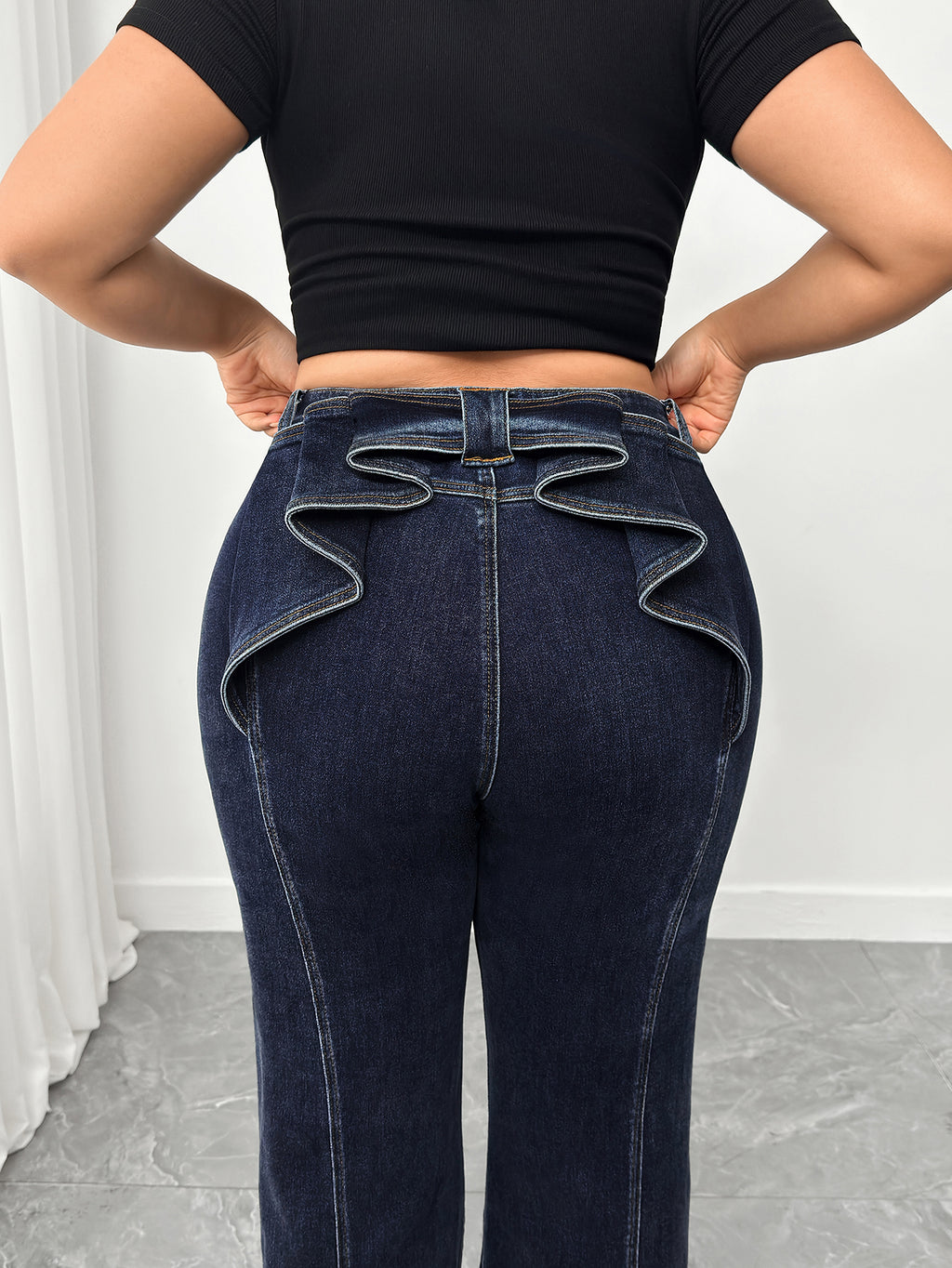 Women's Plus High - Waisted Flare Jeans with Ruffled Back Detail