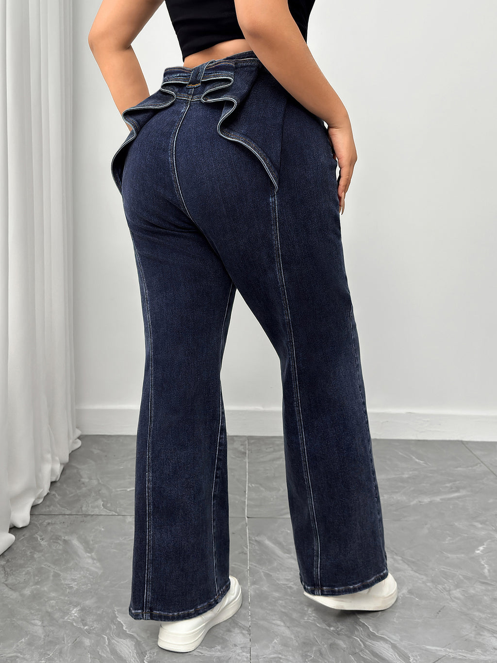 Women's Plus High - Waisted Flare Jeans with Ruffled Back Detail