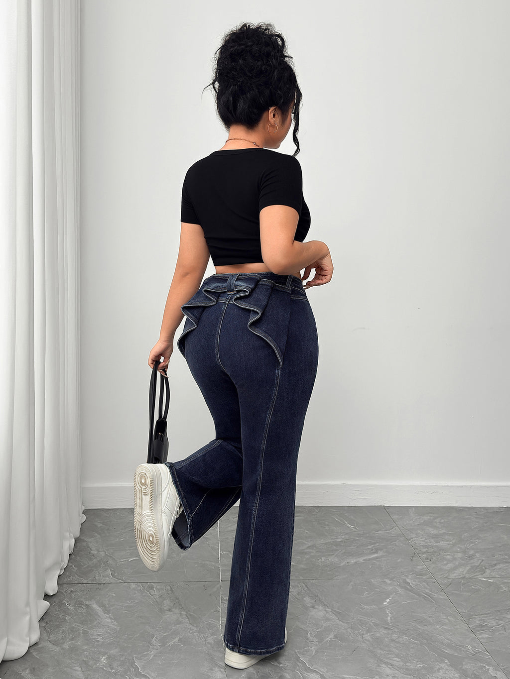 Women's Plus High - Waisted Flare Jeans with Ruffled Back Detail