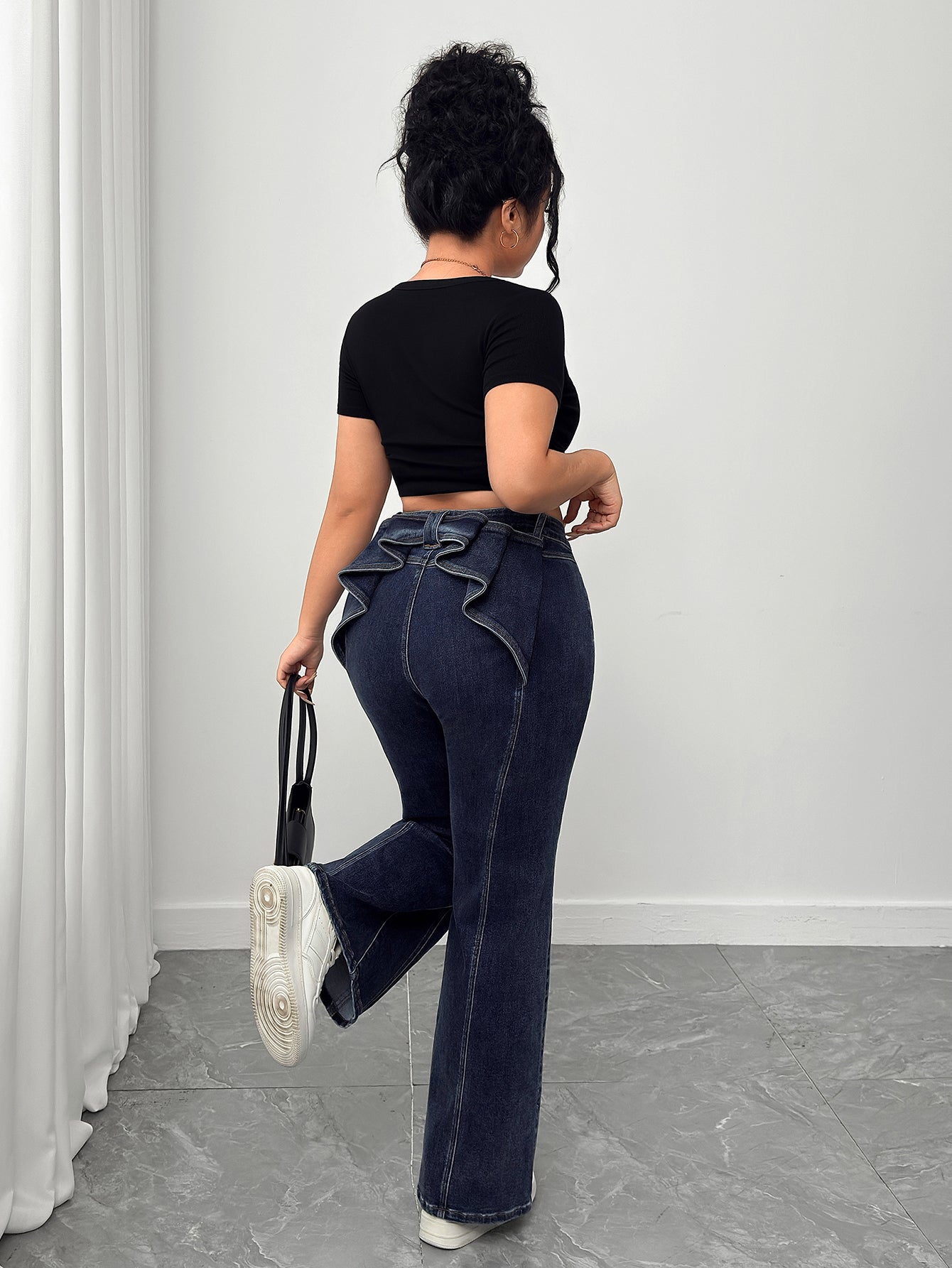 Women's Plus High - Waisted Flare Jeans with Ruffled Back Detail